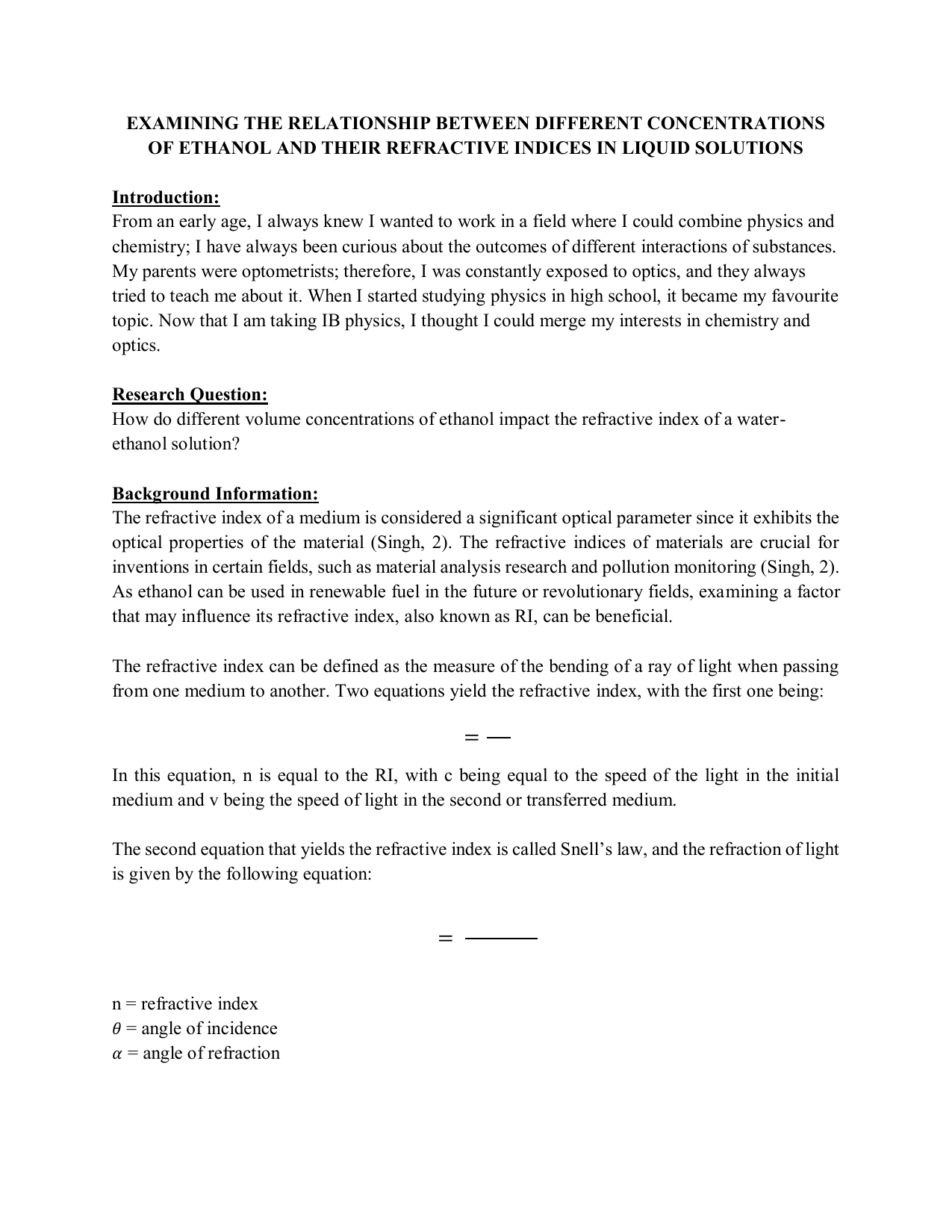 How do different volume concentrations of ethanol impact the refractive index of a water-ethanol solution? - Physics IA exemplar scored 7