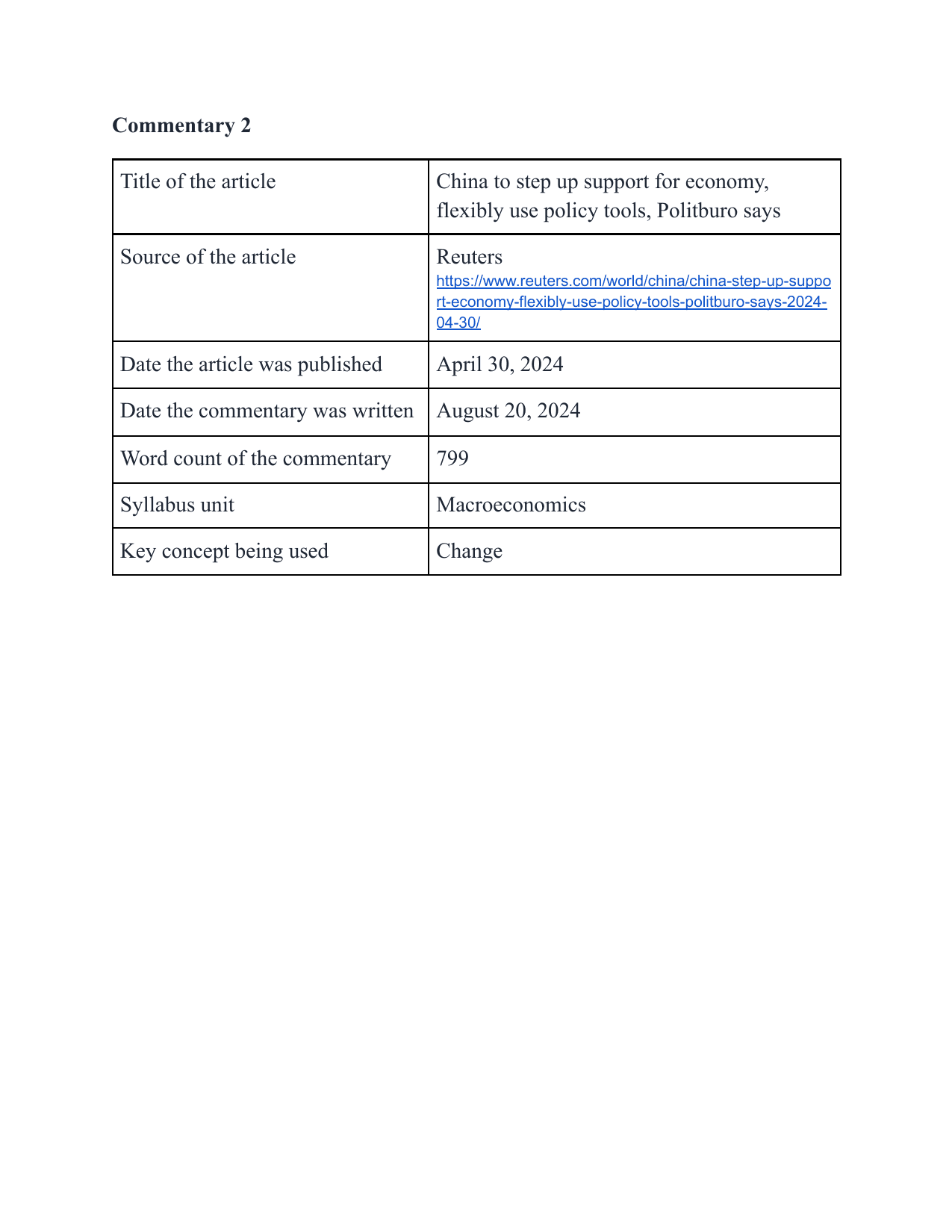Macro IA : 
Title: China to step up support for economy, flexibly use policy tools, Politburo says - Economics IA exemplar scored 7