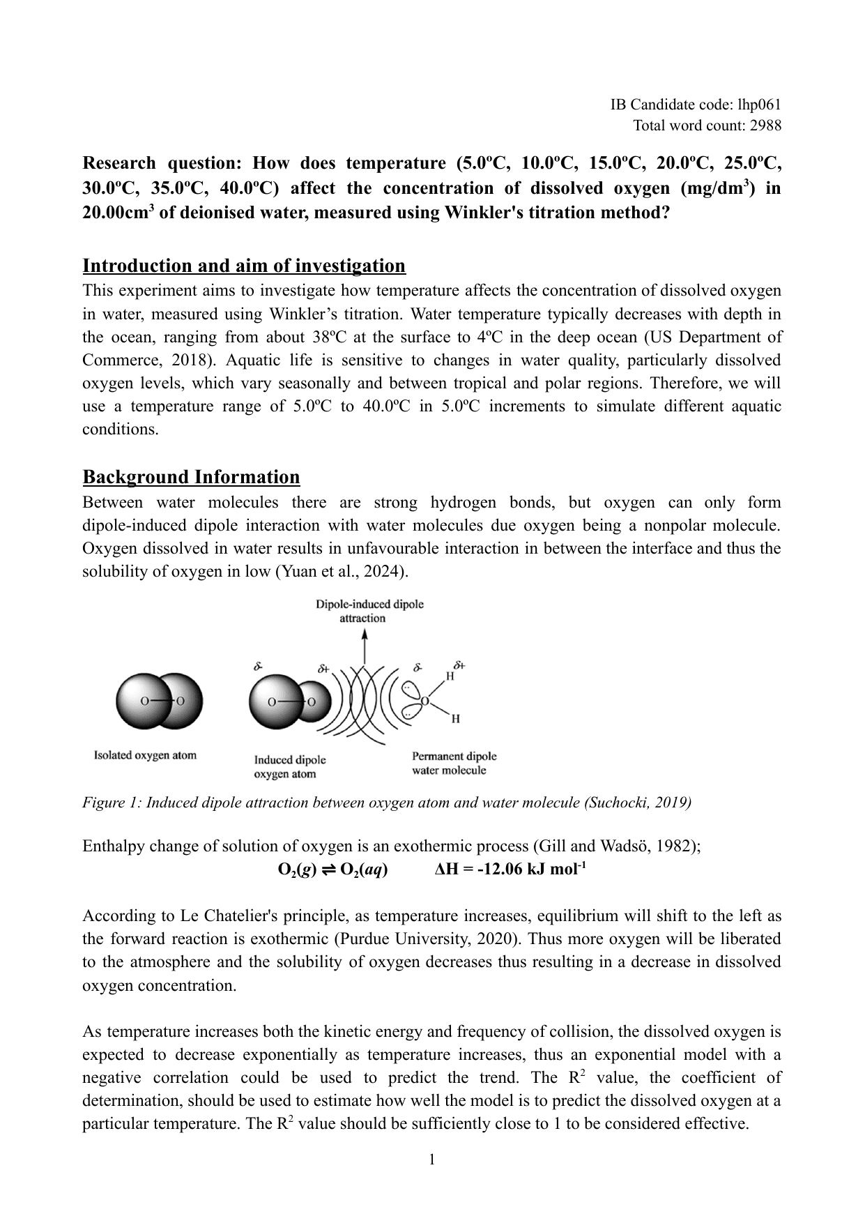 How does temperature (5.0ºC, 10.0ºC, 15.0ºC, 20.0ºC, 25.0ºC, 30.0ºC, 35.0ºC, 40.0ºC) affect the concentration of dissolved oxygen (mg/dm3) in 20.00cm3 of deionised water, measured using Winkler's titration method? - Chemistry IA exemplar scored 7