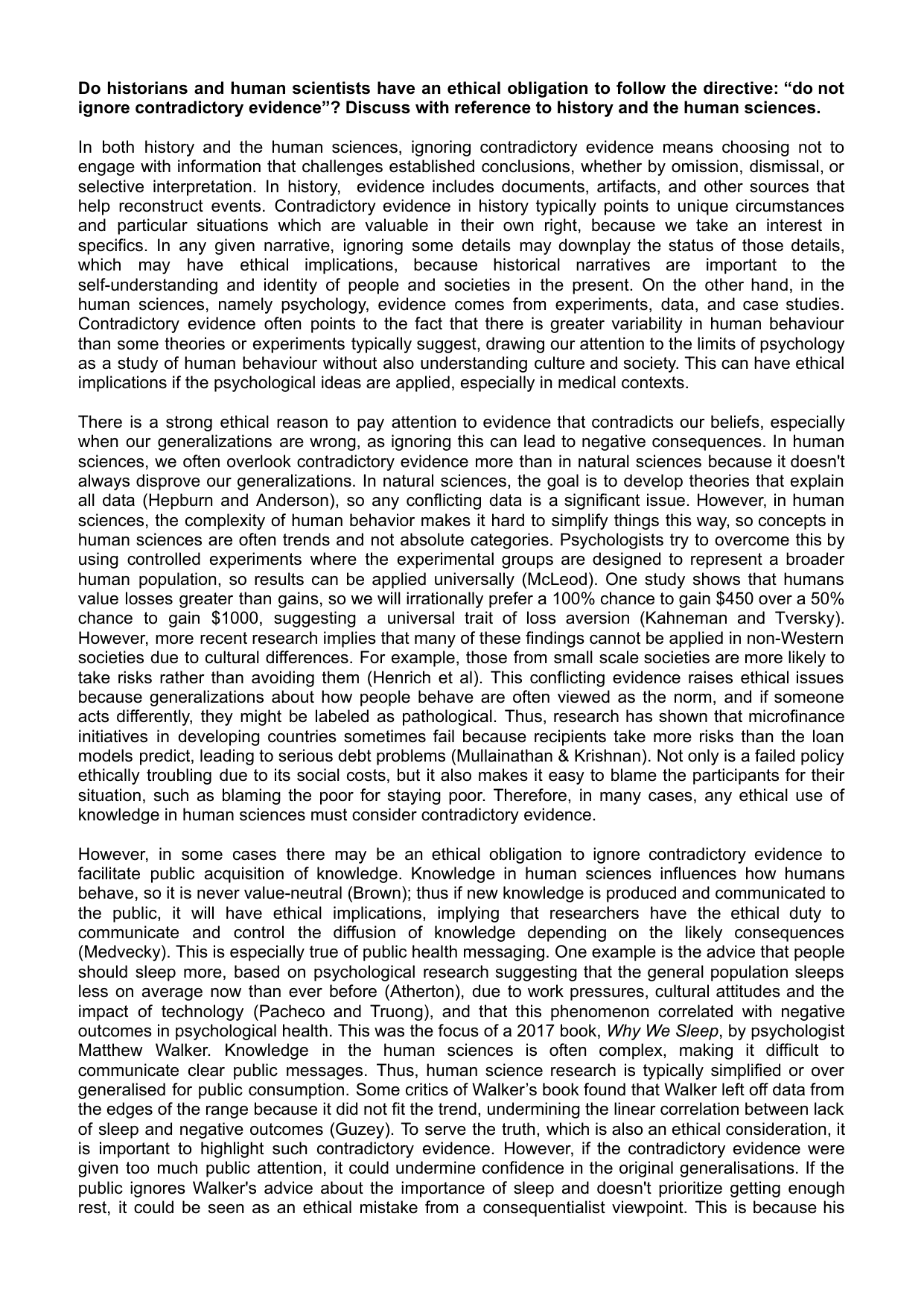 Do historians and human scientists have an ethical obligation to follow the directive: "do not ignore contradictory evidence"? Discuss with reference to history and the human sciences. - Theory of Knowledge (TOK) TOK exemplar scored A