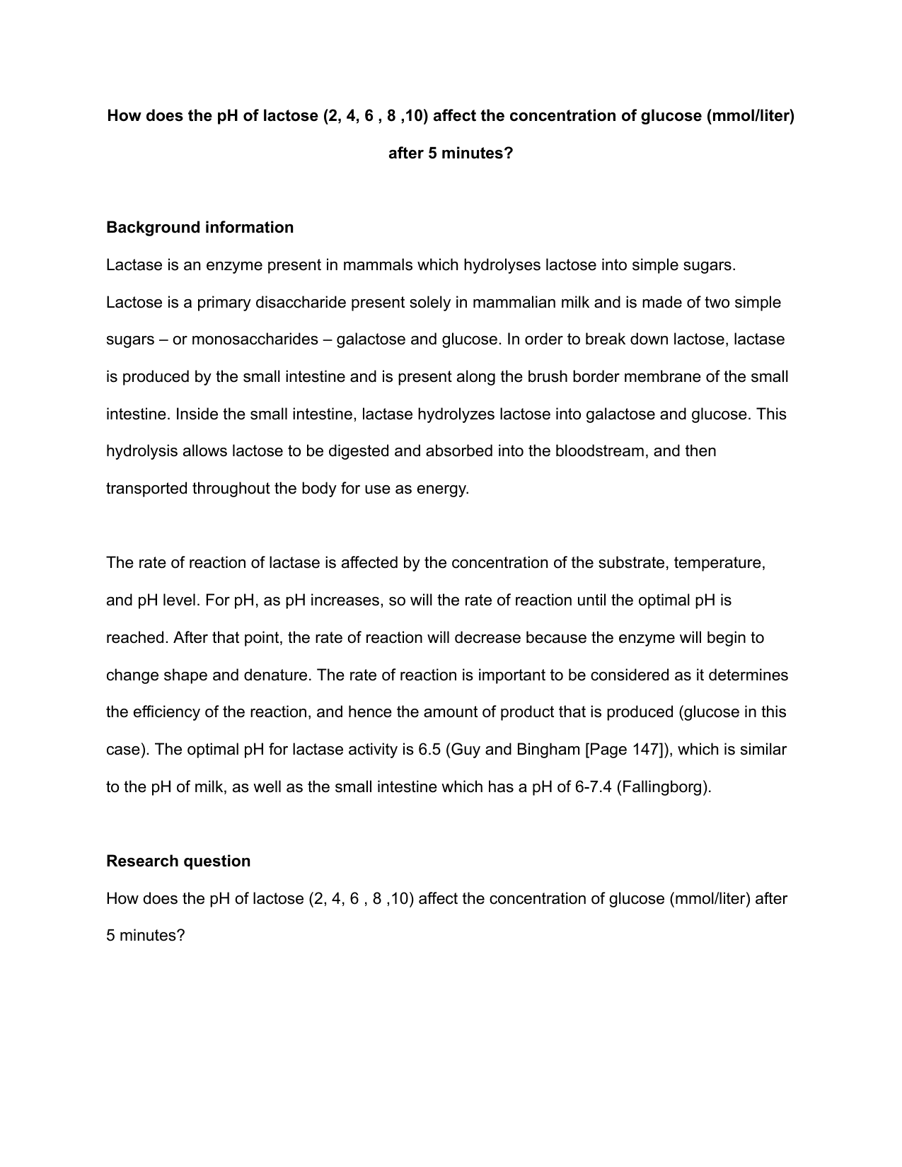 How does the pH of lactose (2, 4, 6 , 8 ,10) affect the concentration of glucose (mmol/liter) after 5 minutes? - Biology IA exemplar scored 4