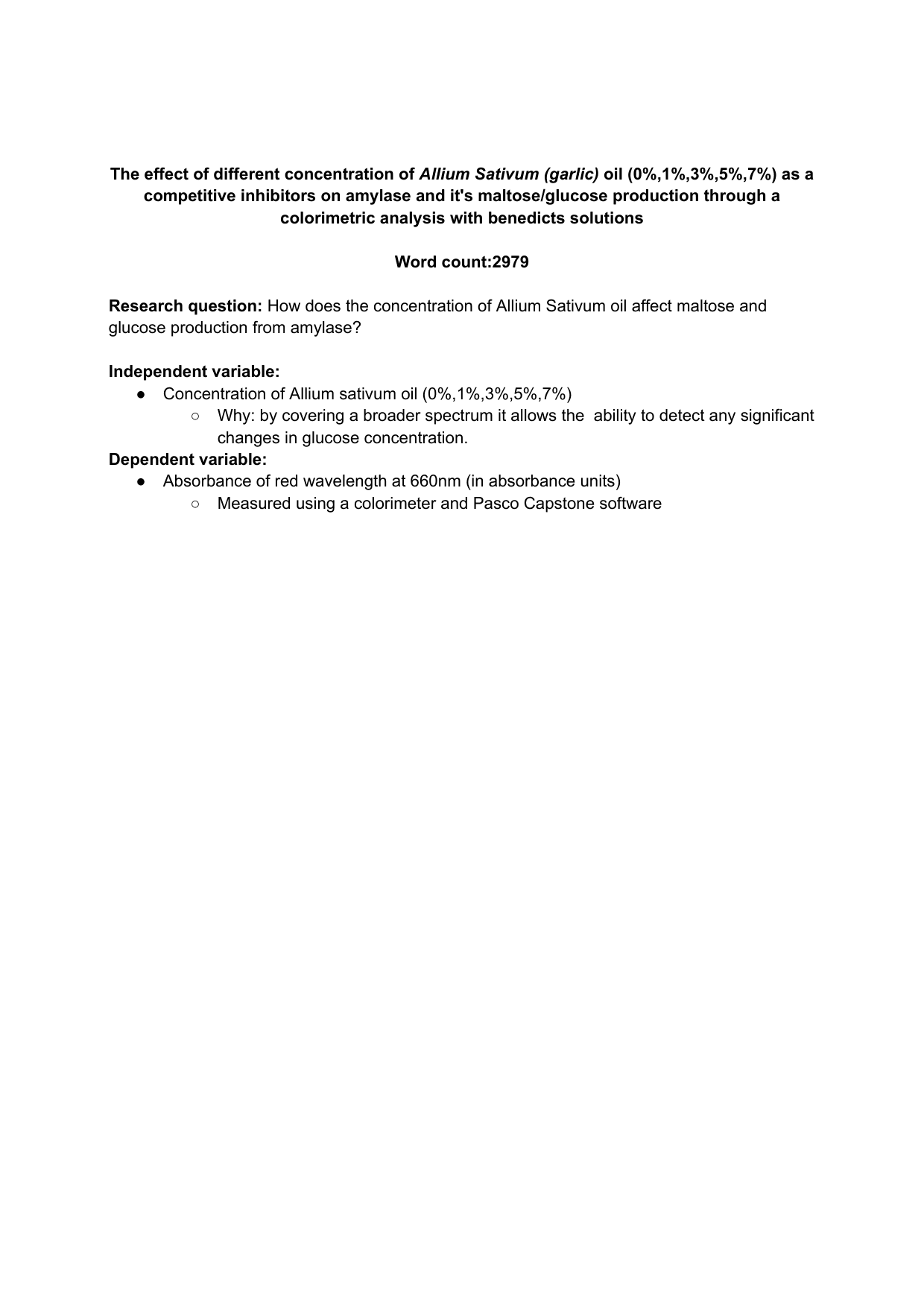How does the concentration of Allium Sativum oil affect maltose and glucose production from amylase? - Biology IA exemplar scored 6