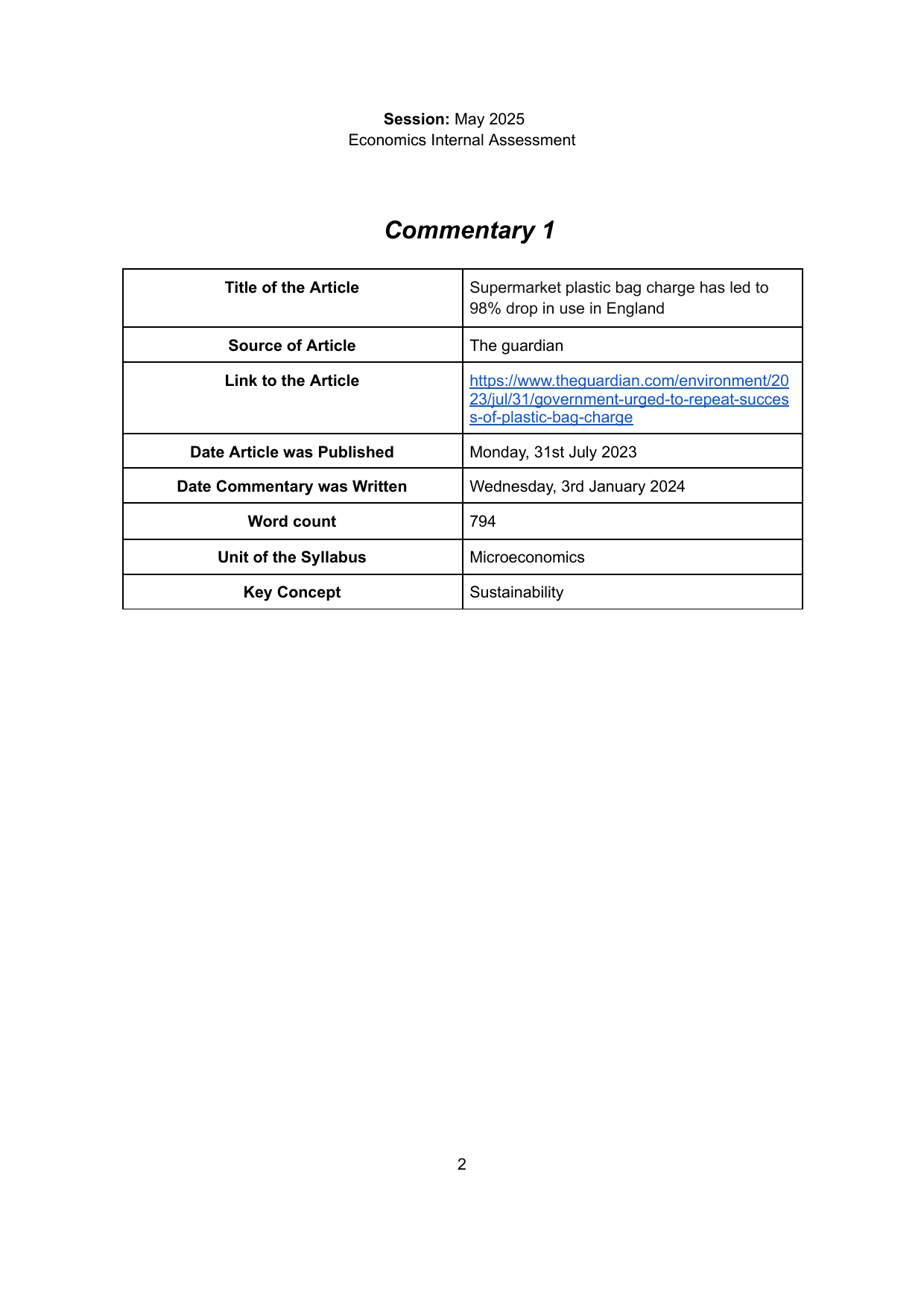 Supermarket plastic bag charge has led to 98% drop in use in England - Economics IA exemplar scored 6