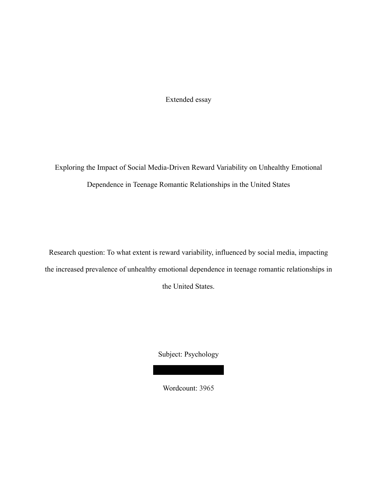 To what extent is reward variability, influenced by social media, impacting the increased prevalence of unhealthy emotional dependence in teenage romantic relationships in the United States. - Psychology EE exemplar scored D