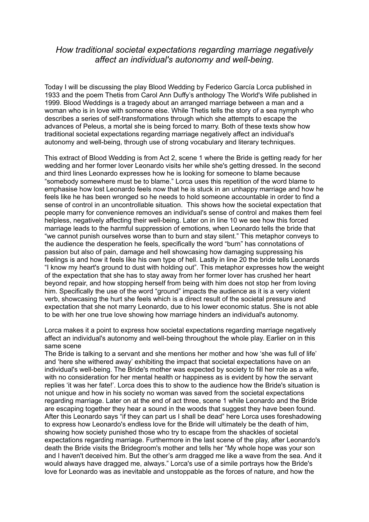 How traditional societal expectations regarding marriage negatively affect an individual's autonomy and well-being. - English A Lit IA exemplar scored 6