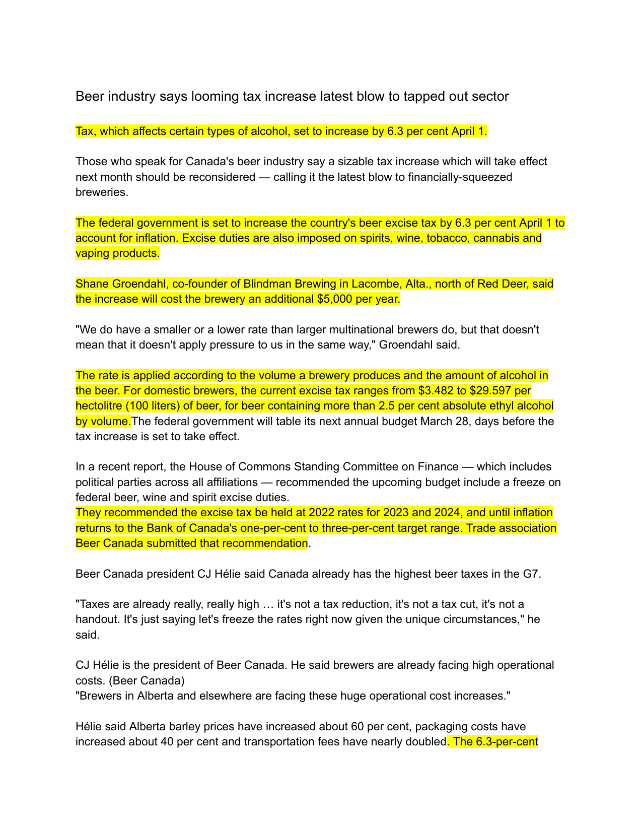 Beer industry says looming tax increase latest blow to tapped out sector - Economics IA exemplar scored 6