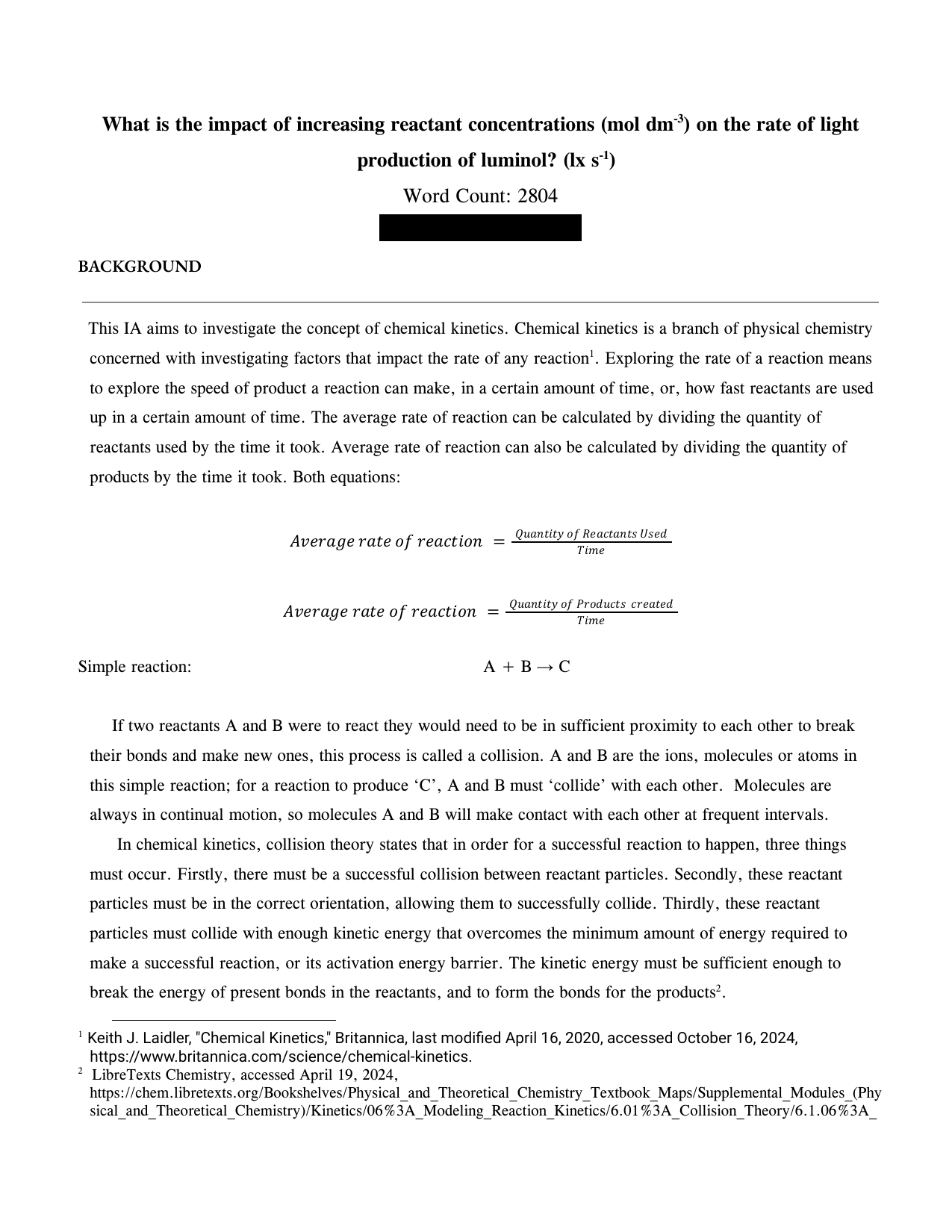 What is the impact of increasing reactant concentrations (mol dm-3) on the rate of light production of luminol? (lx s-1)? - Chemistry IA exemplar scored 5