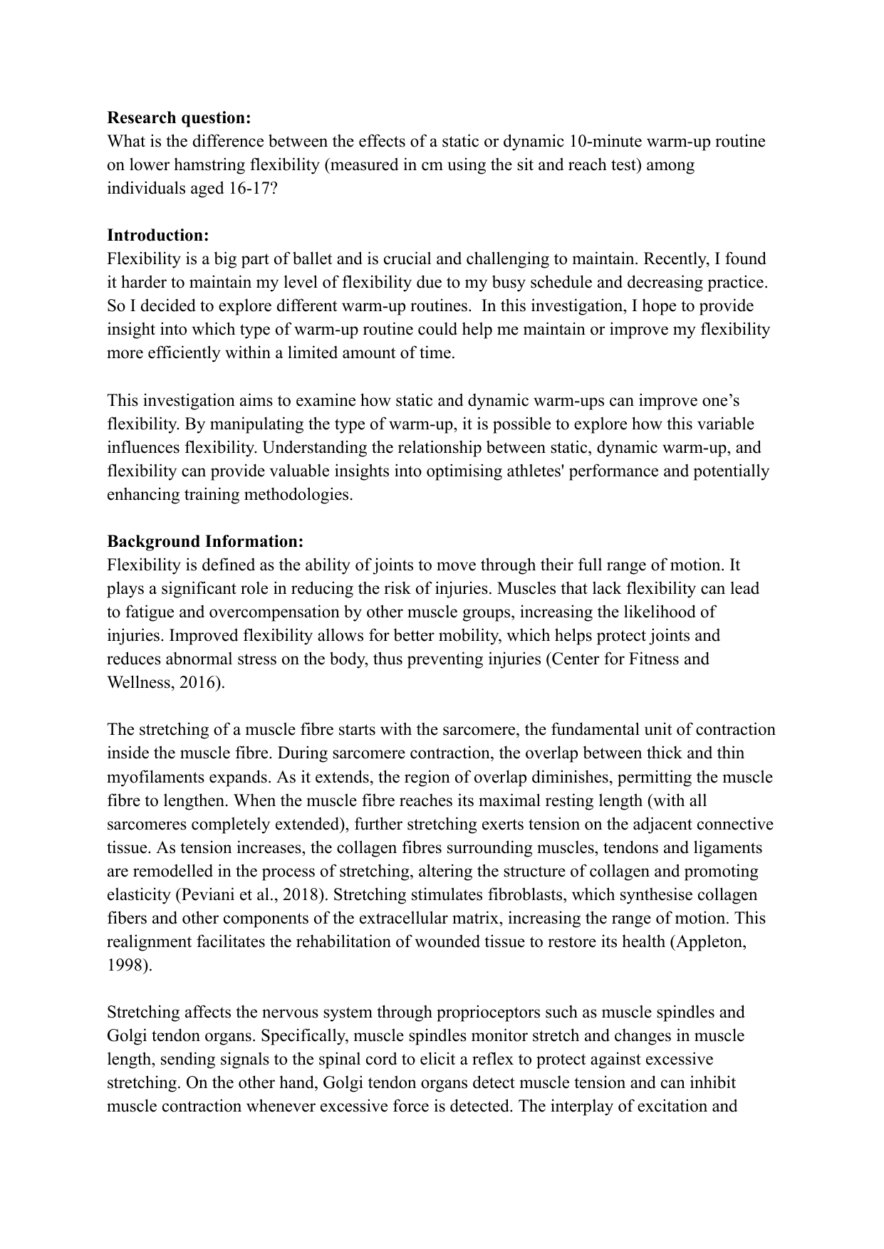 What is the difference between the effects of a static or dynamic 10-minute warm-up routine on lower hamstring flexibility (measured in cm using the sit and reach test) among individuals aged 16-17? - Sports, exercise and health science (SEHS - Old) IA exemplar scored 5