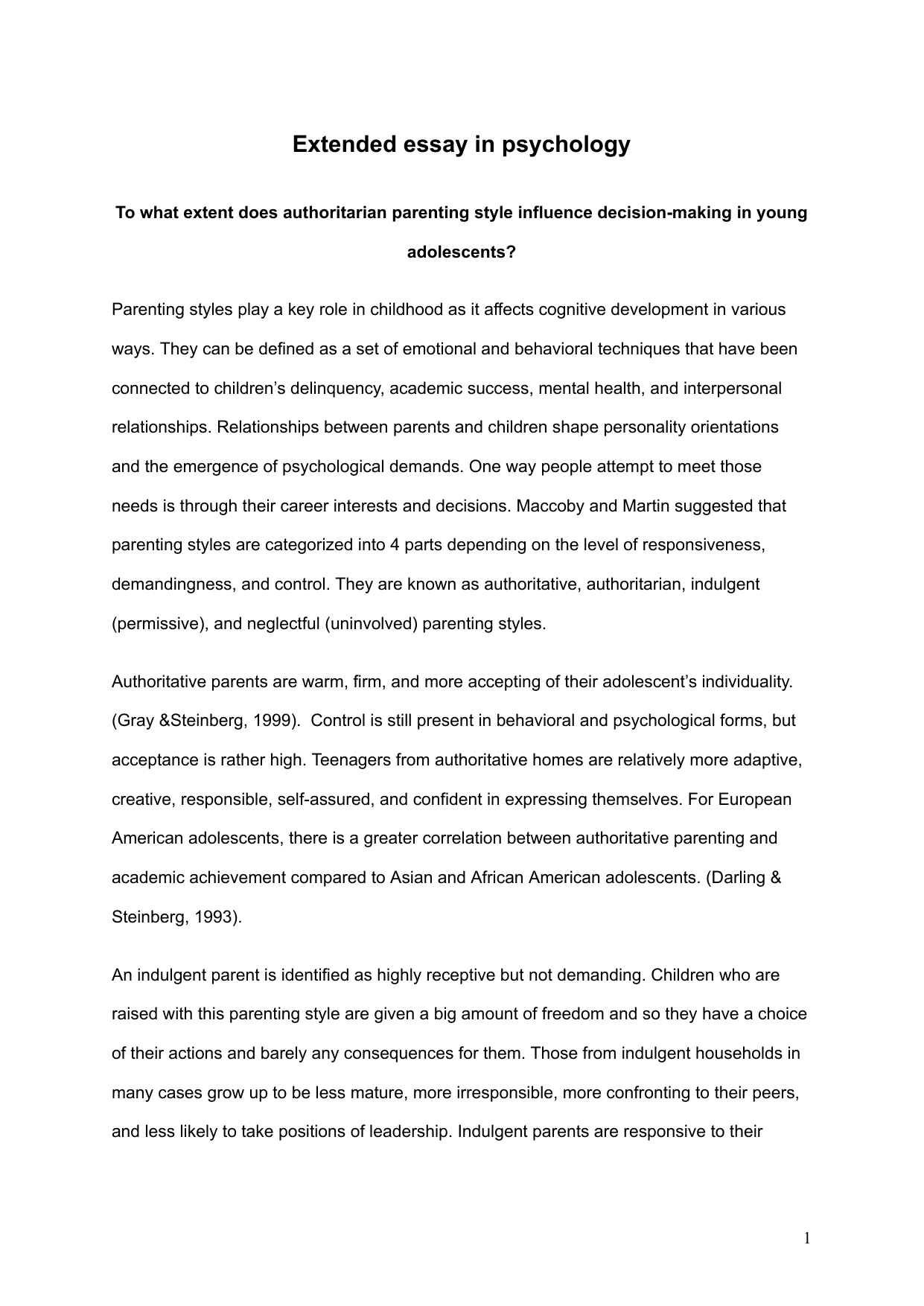 To what extent does authoritarian parenting style influence decision-making in young adolescents? - Psychology EE exemplar scored B