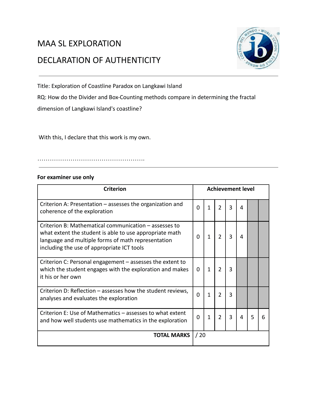 How do the Divider and Box-Counting methods compare in determining the fractal dimension of Langkawi Island's coastline? - Mathematics Analysis and Approaches (AA) IA exemplar scored 7