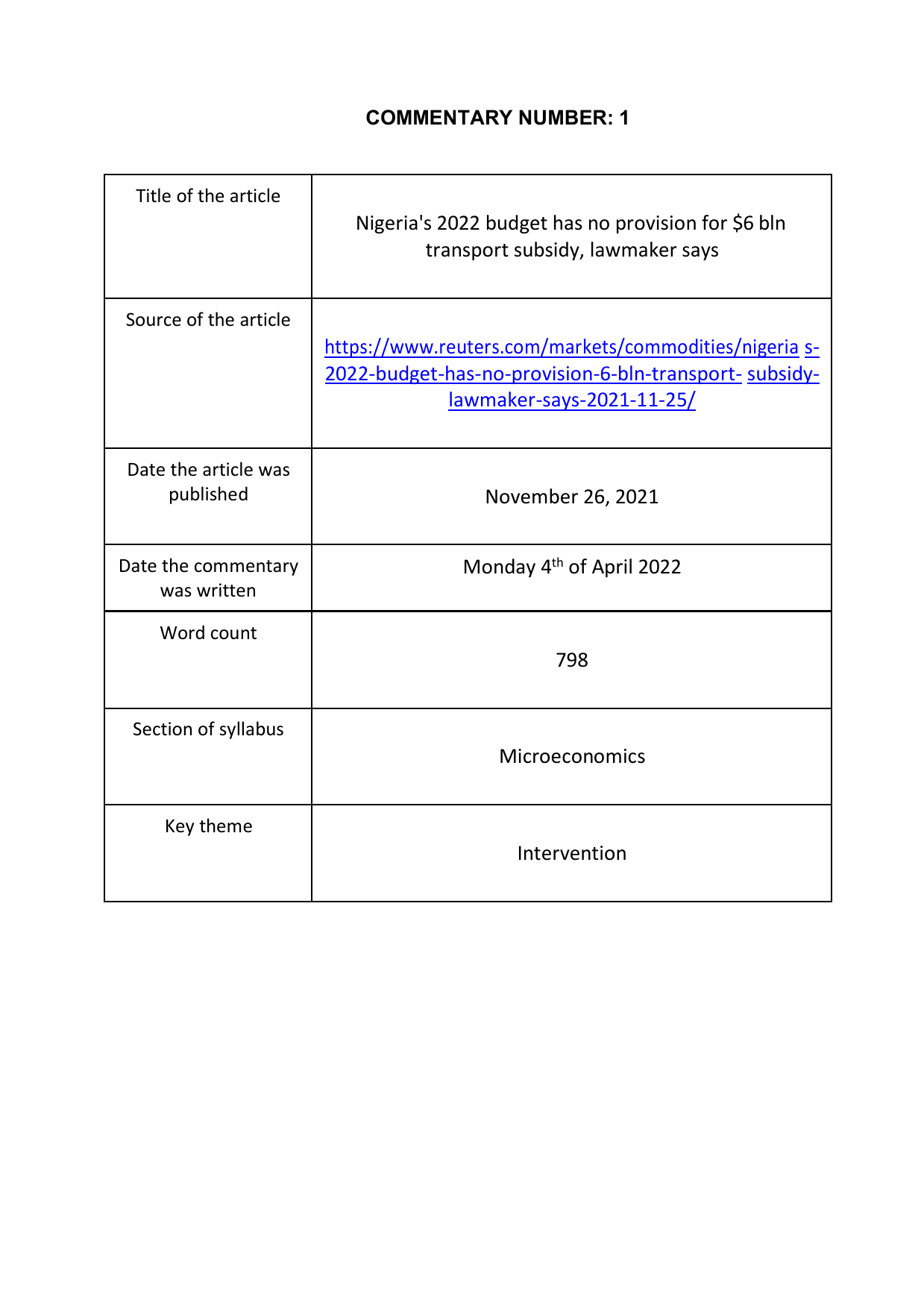 Nigeria's 2022 budget has no provision for $6 bln
transport subsidy, lawmaker says - Economics IA exemplar scored 6