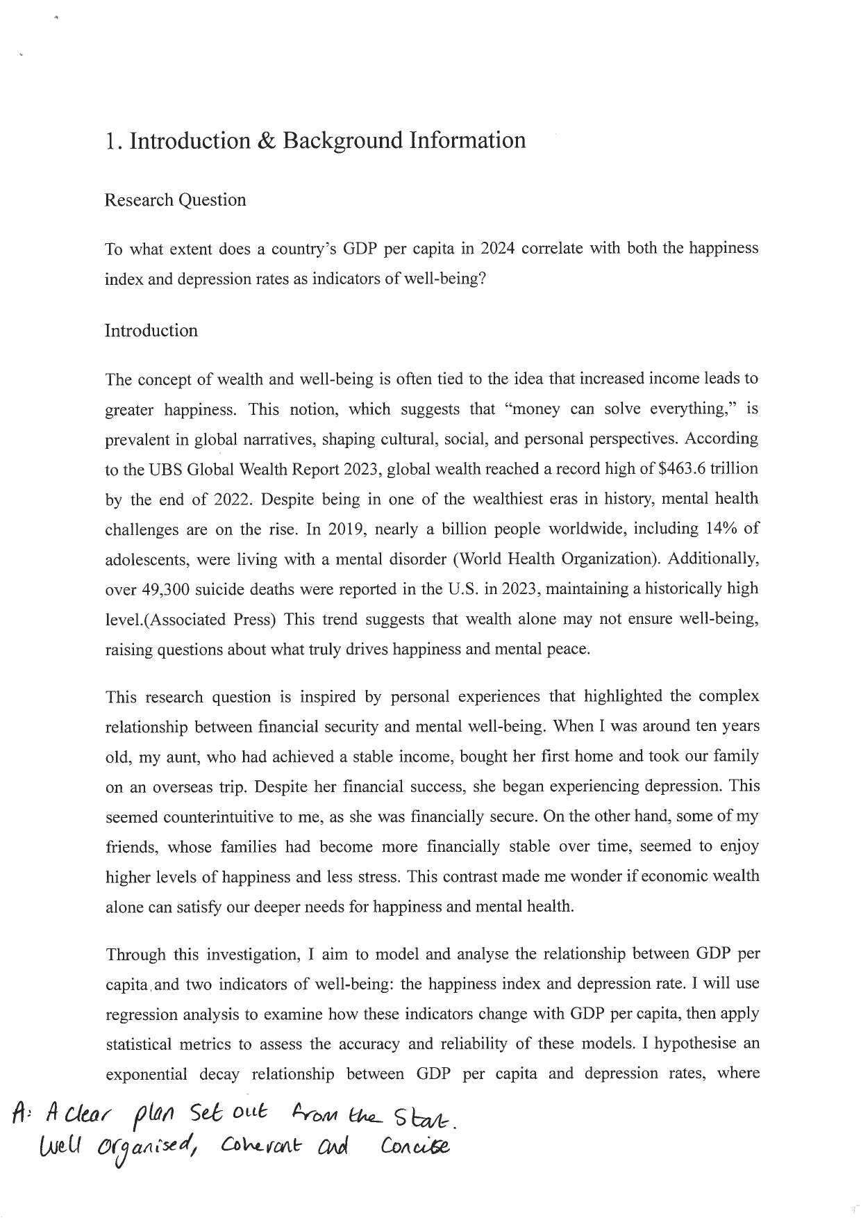 To what extent does a country's GDP per capita in 2024 correlate with both the happiness index and depression rates as indicators of well-being? - Mathematics Analysis and Approaches (AA) IA exemplar scored 5