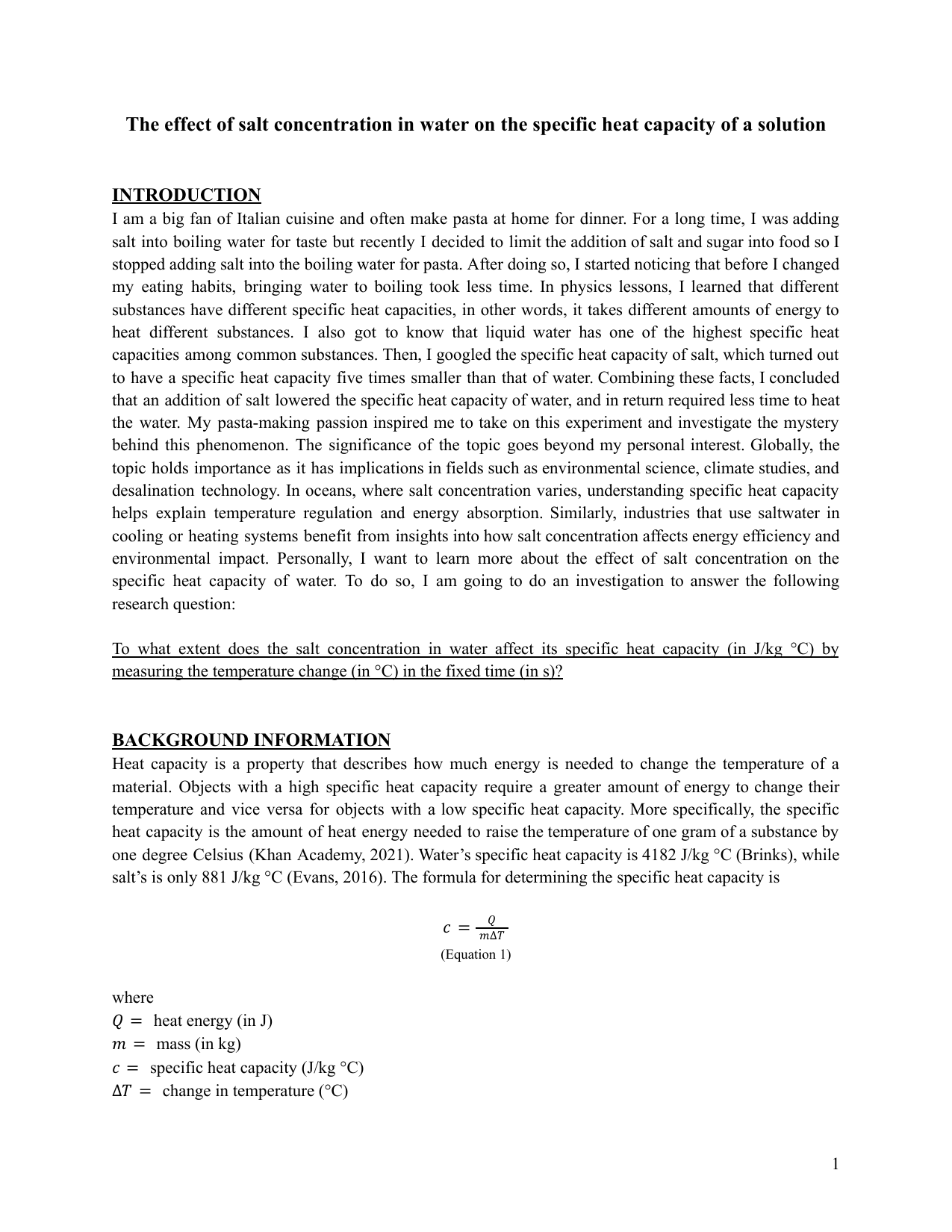 To what extent does the salt concentration in water affect its specific heat capacity (in J/kg °C) by measuring the temperature change (in °C) in the fixed time (in s)? - Physics IA exemplar scored 5