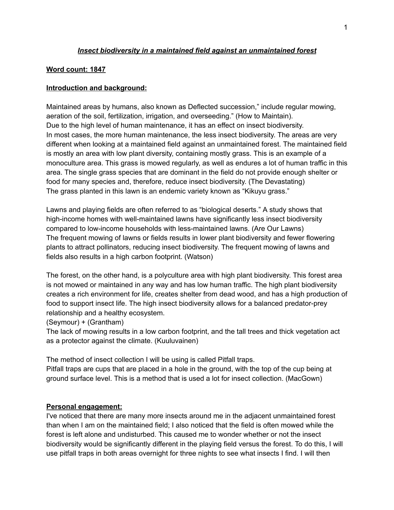 What impact does human maintenance (maintained versus unmaintained areas) have on insect biodiversity measured by Simpson's Diversity Index, as assessed by the use of pitfall traps on my school's sports field and adjacent forested area in Nairobi, Kenya? - Environmental systems and societies (ESS - Old) IA exemplar scored 5