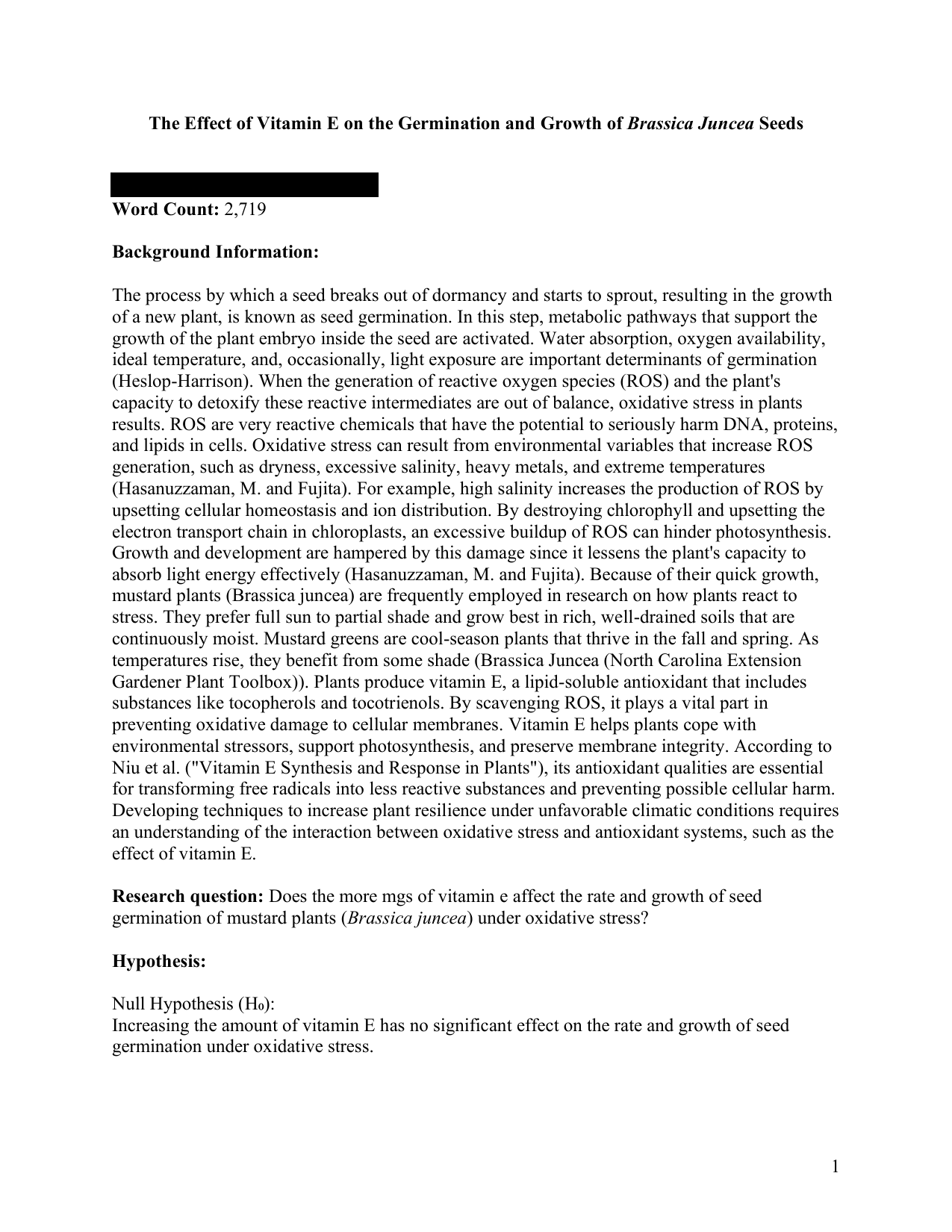 The Effect of Vitamin E on the Germination and Growth of Brassica Juncea Seeds - Biology IA exemplar scored 5