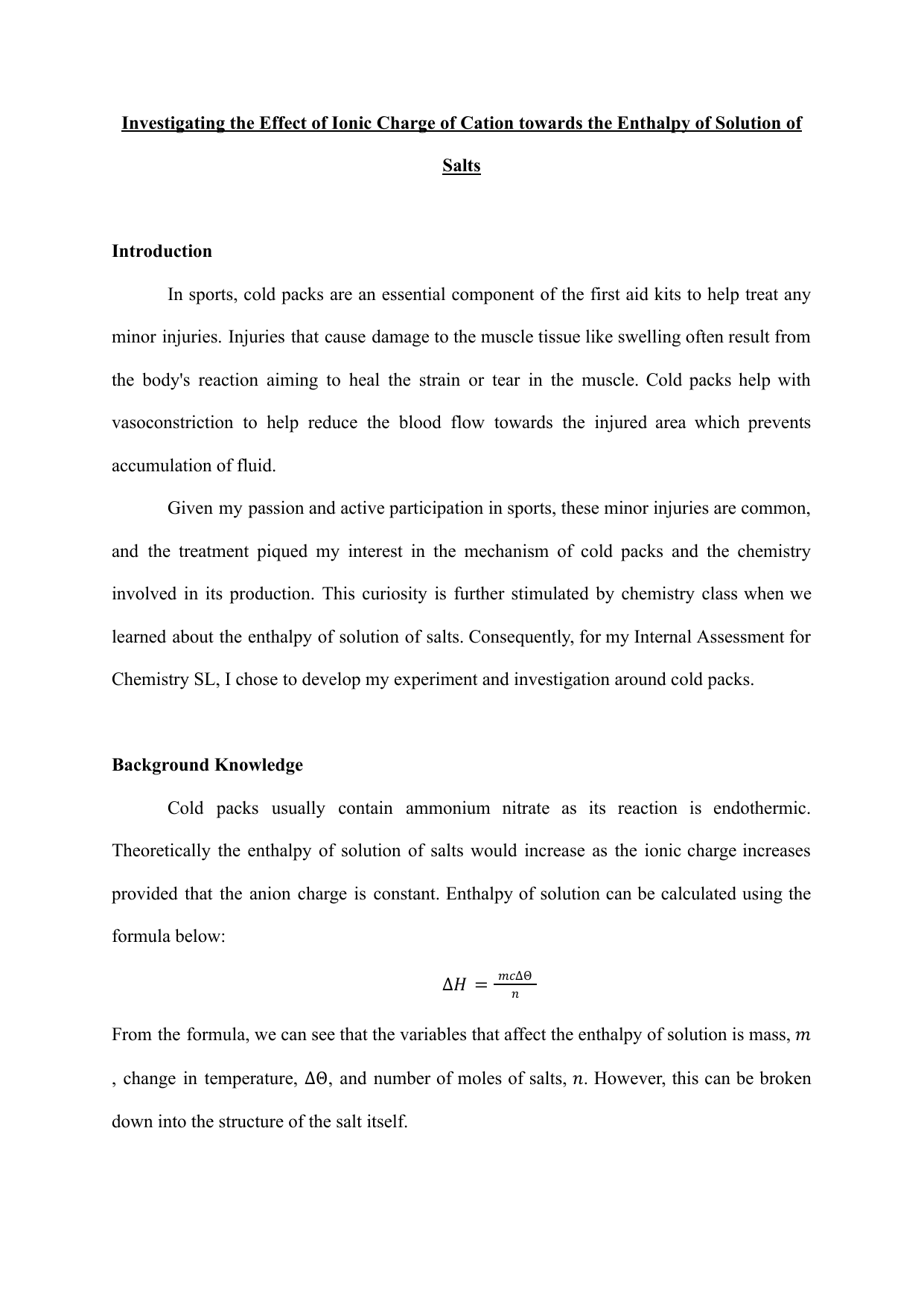 Investigating the Effect of Ionic Charge of Cation towards the Enthalpy of Solution of Salts - Chemistry IA exemplar scored 5