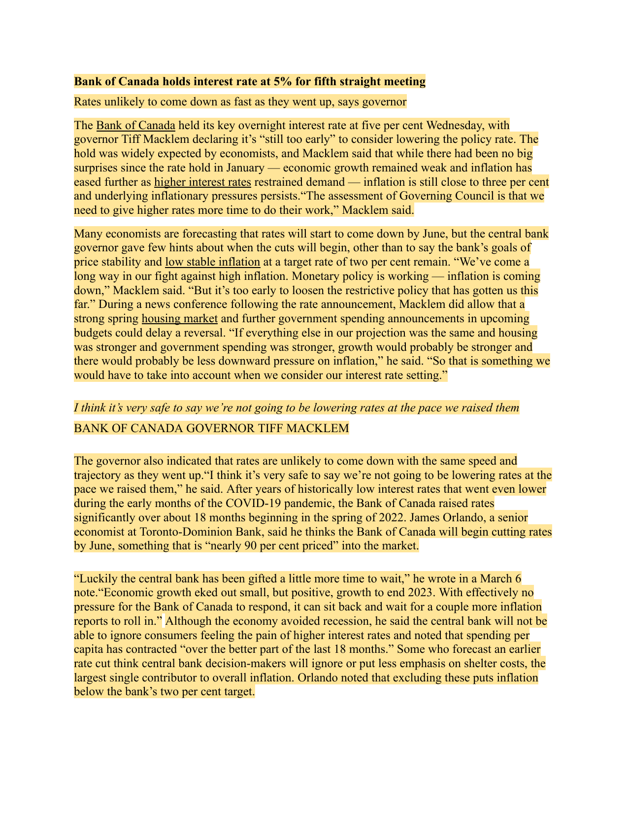 Bank of Canada holds interest rate at 5% for fifth straight meeting - Economics IA exemplar scored 6