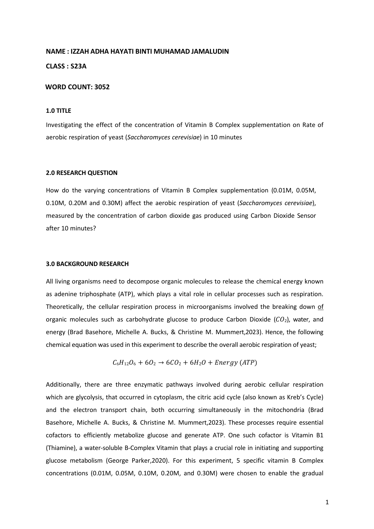 How do the varying concentrations of Vitamin B Complex supplementation (0.01M, 0.05M, 0.10M, 0.20M and 0.30M) affect the aerobic respiration of yeast (Saccharomyces cerevisiae), measured by the concentration of carbon dioxide gas produced using Carbon Dioxide Sensor after 10 minutes? - Biology IA exemplar scored 7