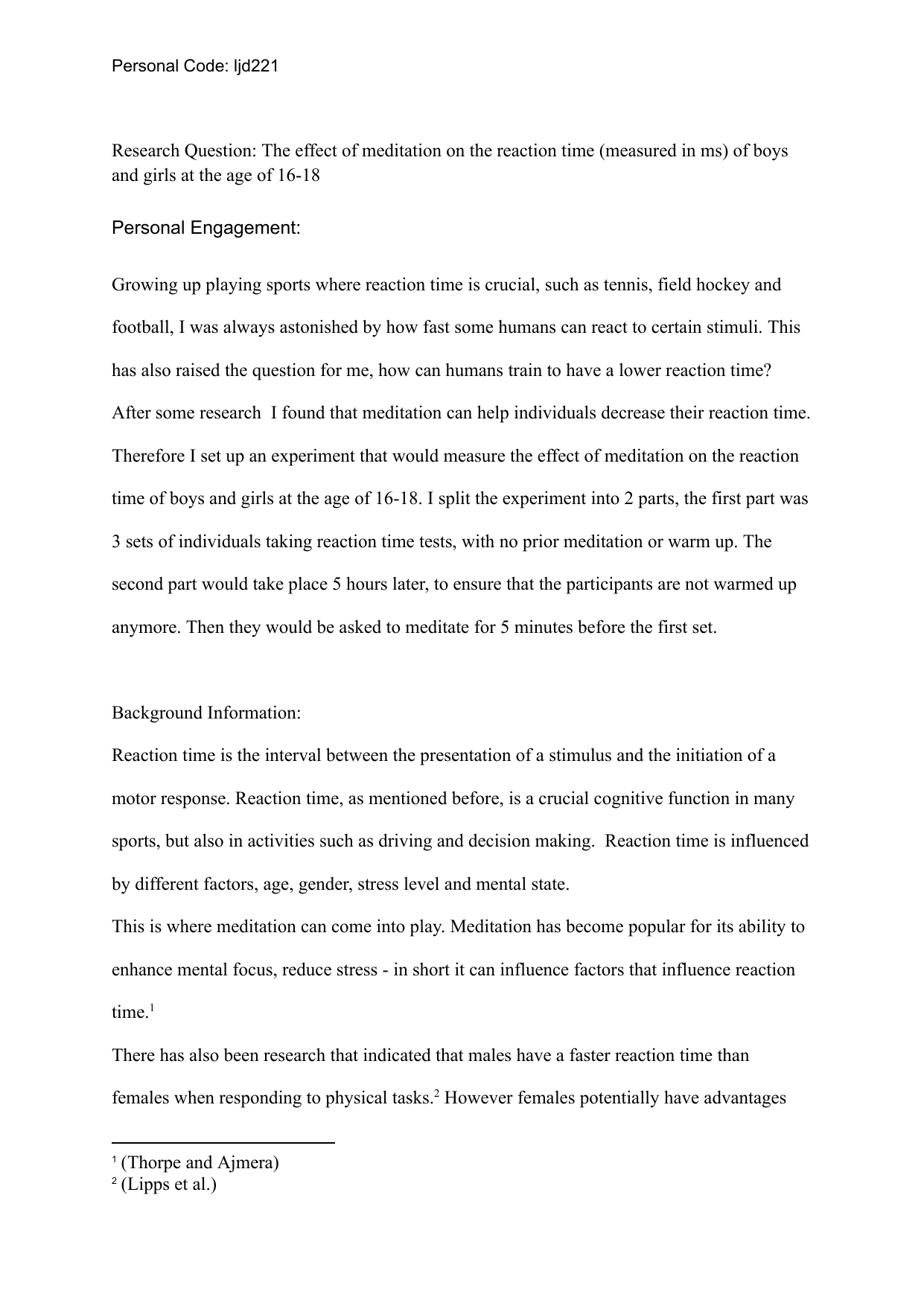 The effect of meditation on the reaction time (measured in ms) of boys and girls at the age of 16-18 - Sports, exercise and health science (SEHS - Old) IA exemplar scored 3
