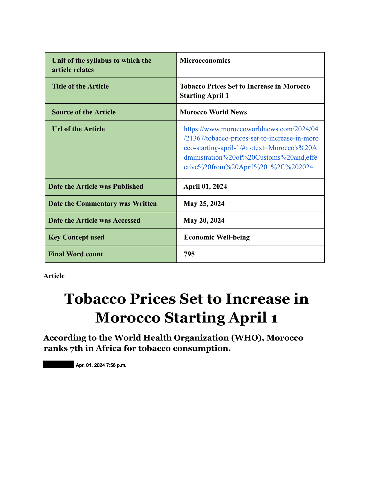 Tobacco Prices Set to Increase in Morocco
Starting April 1 (Microeconomics) - Economics IA exemplar scored 6