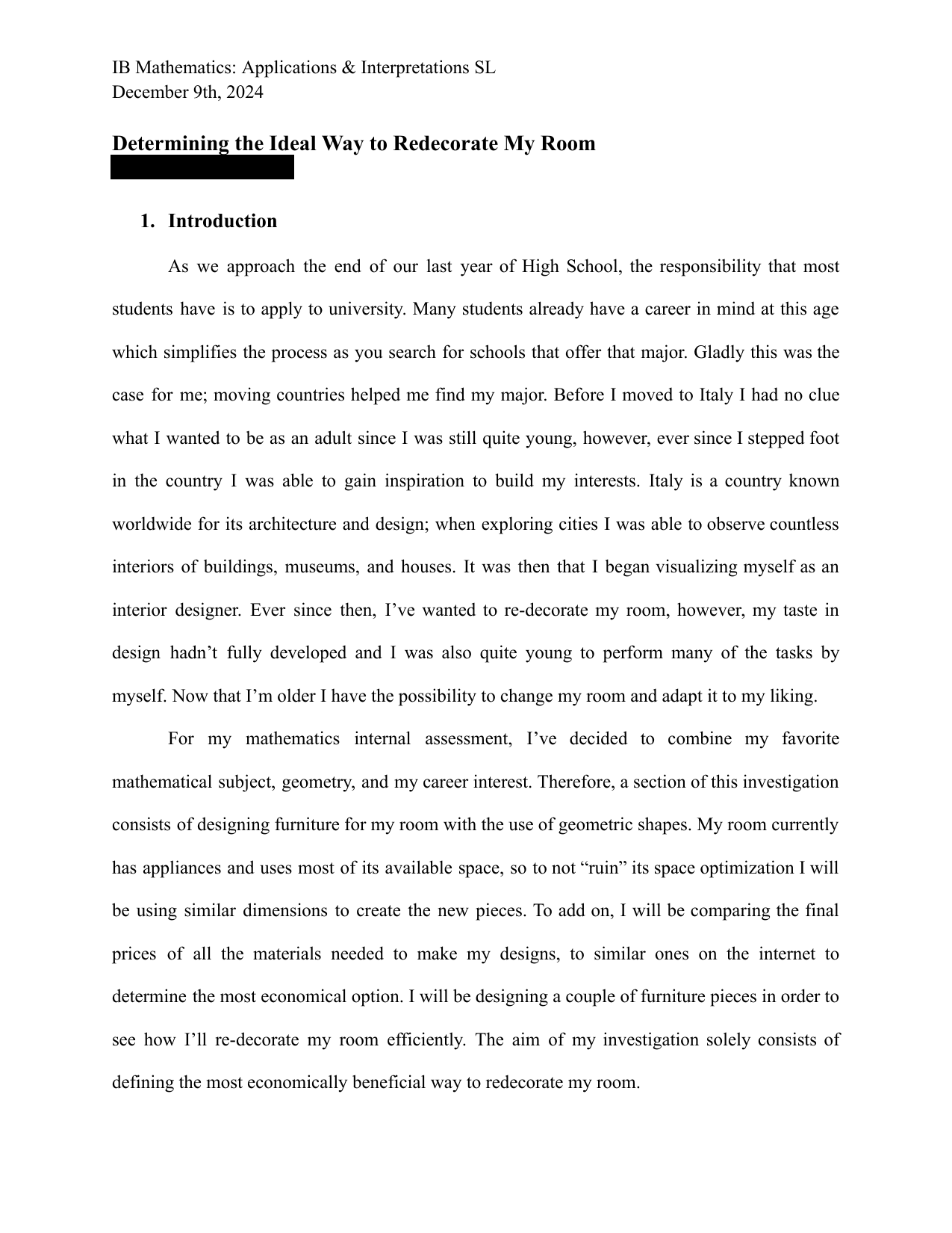 Determining the Ideal Way to Redecorate My Room - Mathematics Applications & Interpretation (AI) IA exemplar scored 5