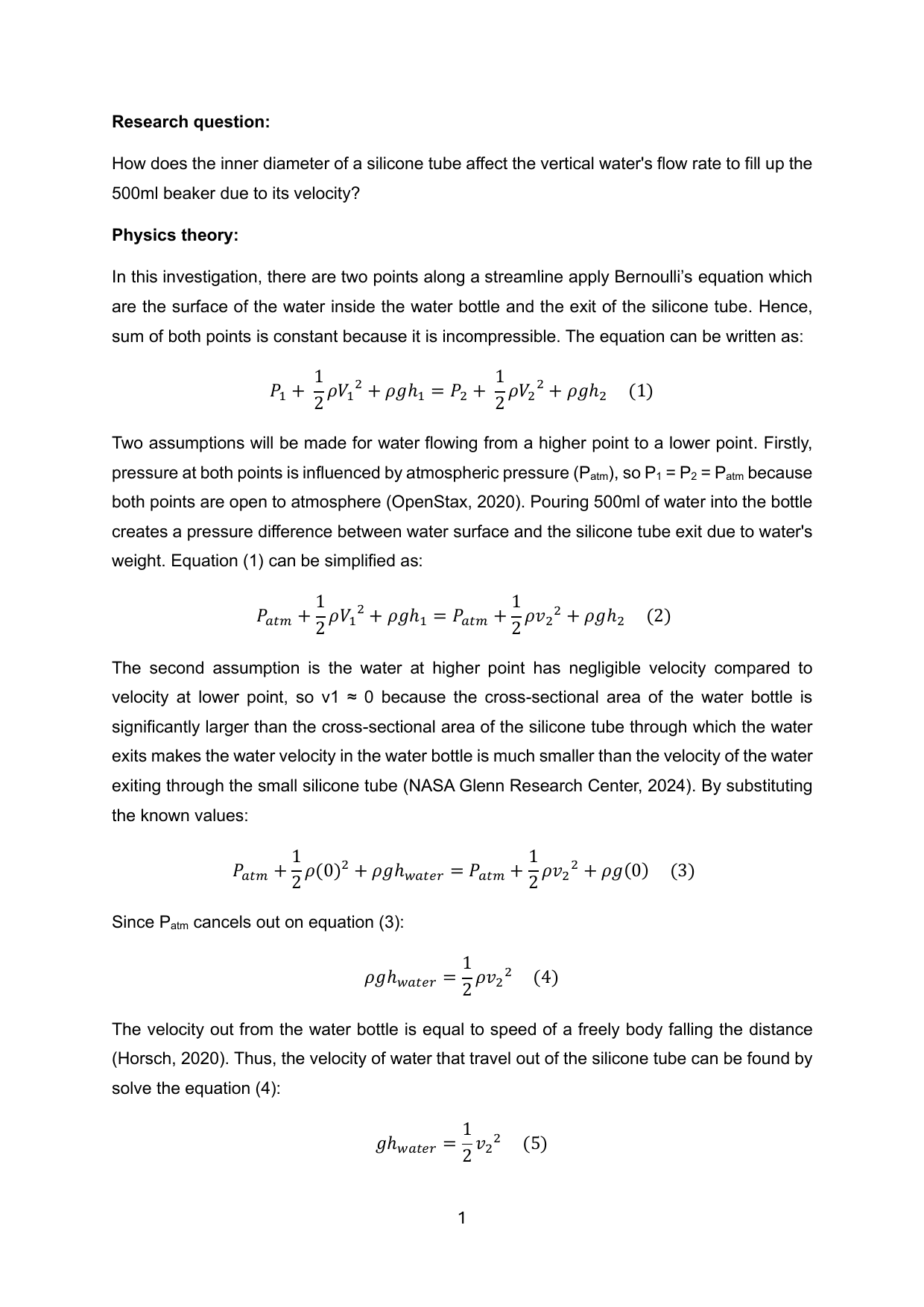 How does the inner diameter of a silicone tube affect the vertical water's flow rate to fill up the 500ml beaker due to its velocity? - Physics IA exemplar scored 6