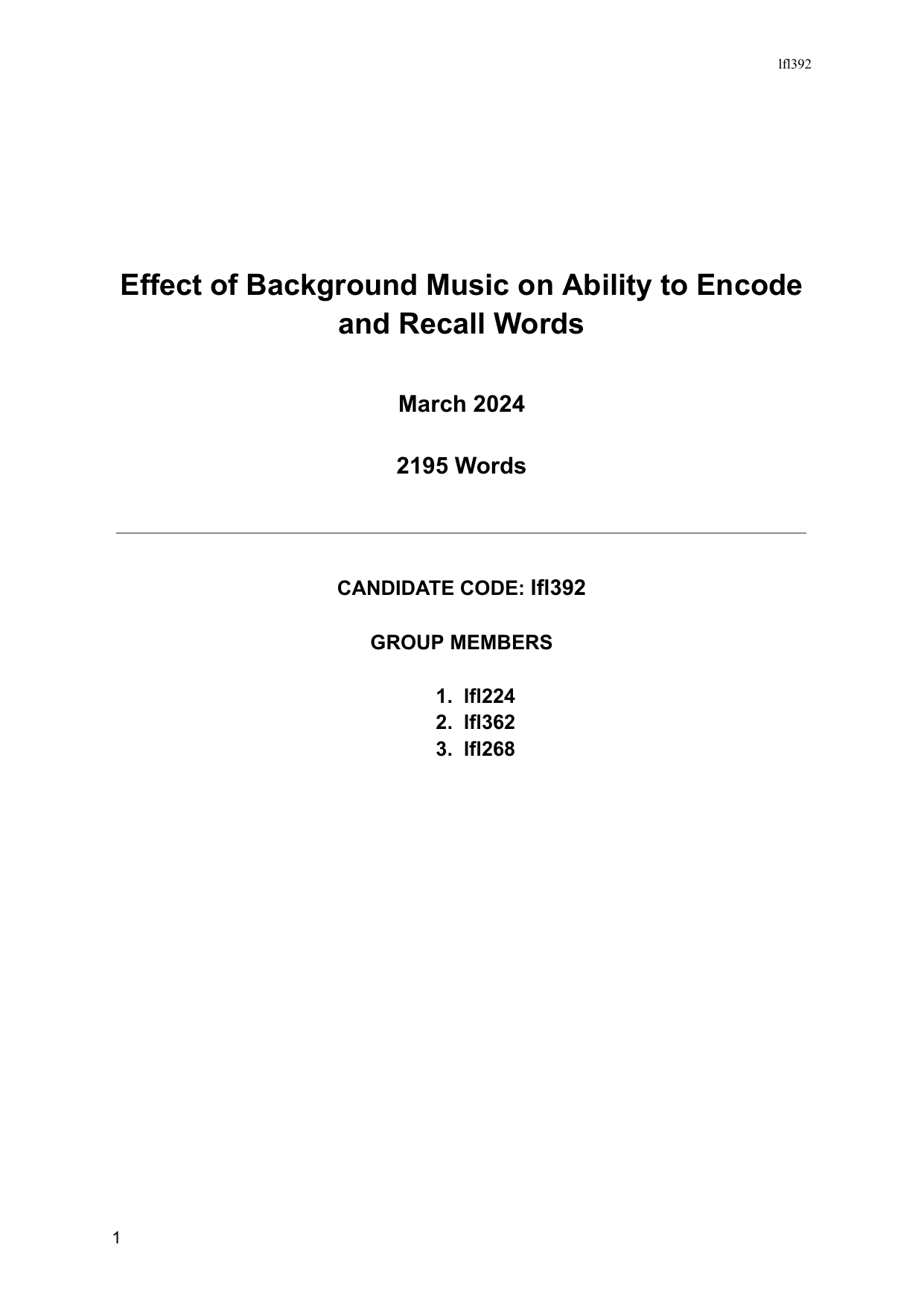 Effect of Background Music on Ability to Encode and Recall Words - Psychology IA exemplar scored 7