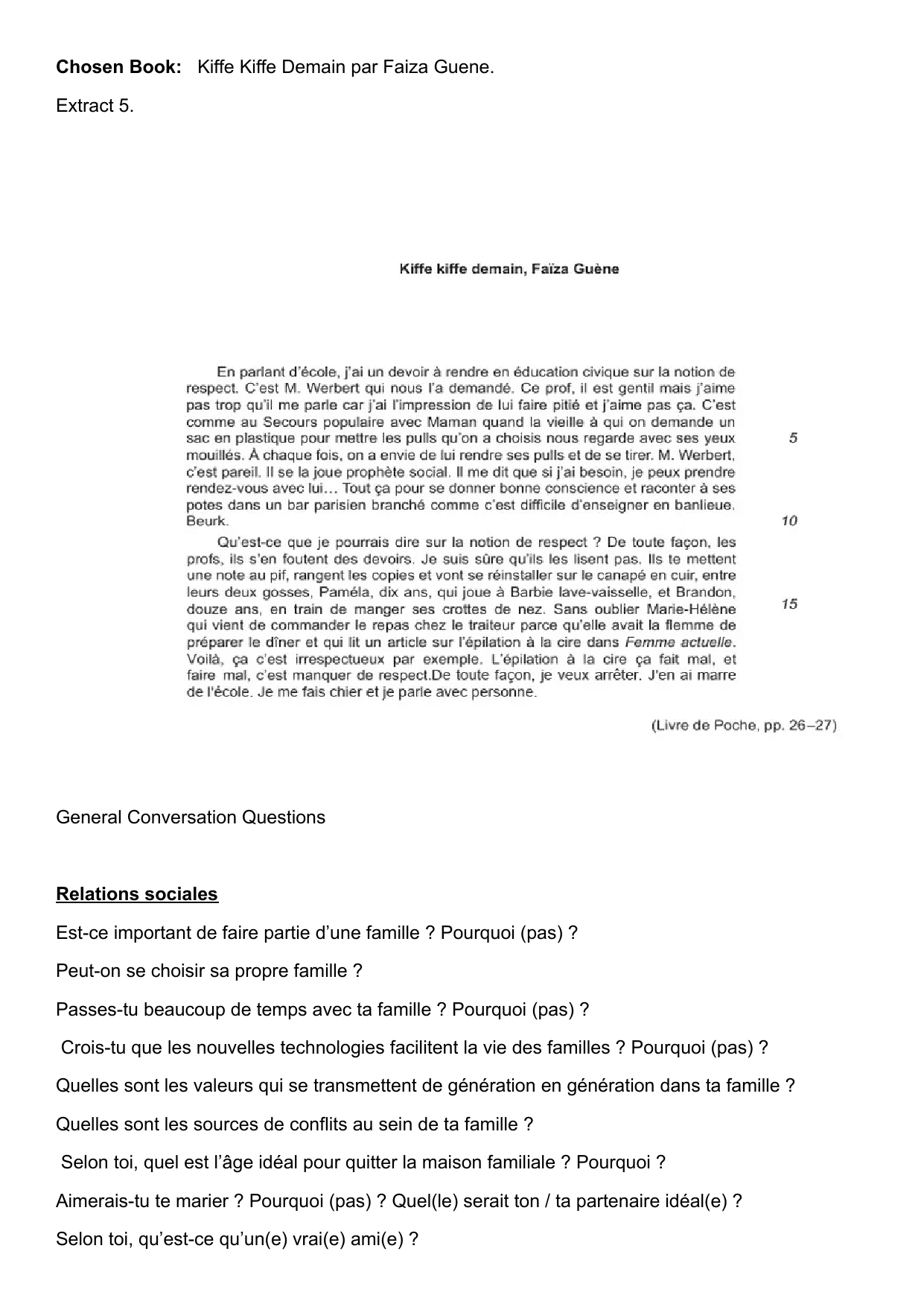 Kiffe Kiffe Demain par Faiza Guene. - French B IA exemplar scored 6