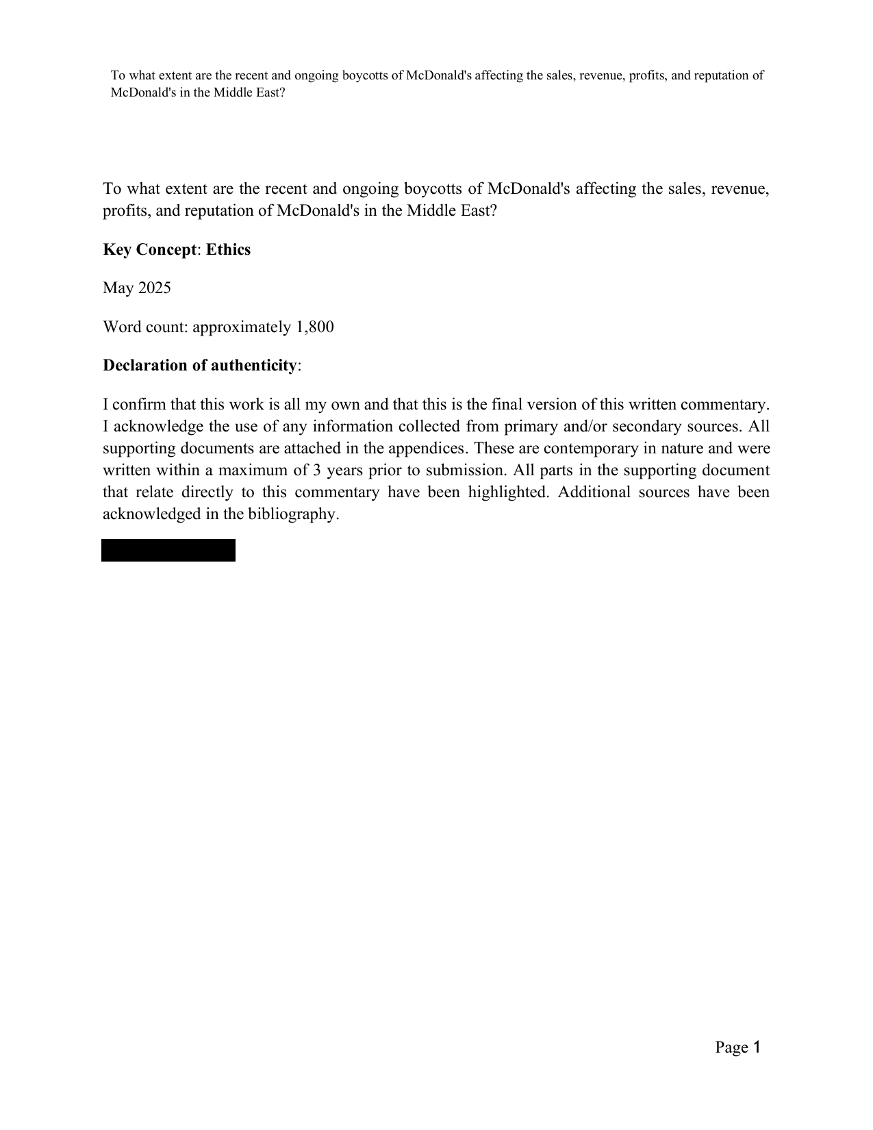 To what extent are the recent and ongoing boycotts of McDonald's affecting the sales, revenue, profits, and reputation of McDonald's in the Middle East? - Business Management IA exemplar scored 6