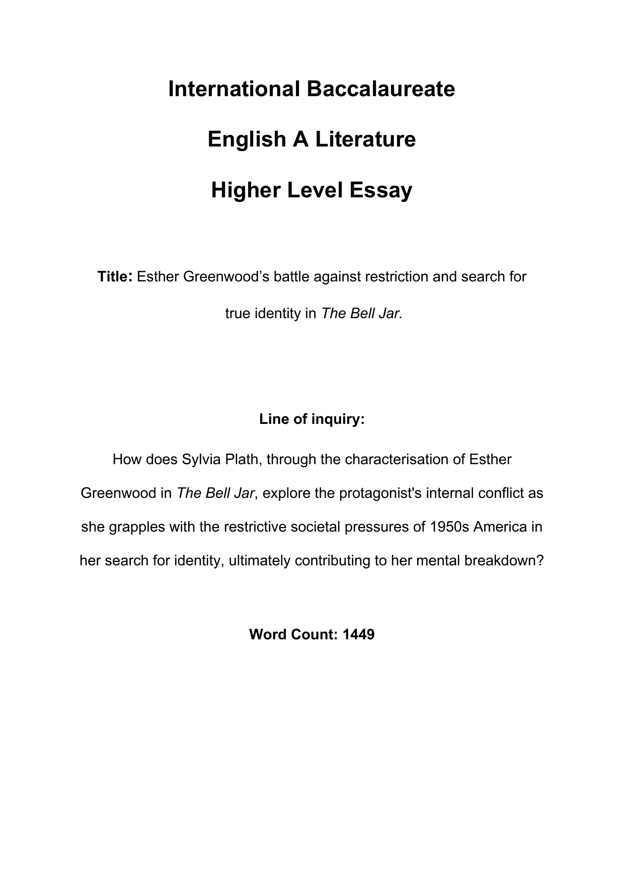 How does Sylvia Plath, through the characterisation of Esther Greenwood in The Bell Jar,explore the protagonist's internal conflict as she grapples with the restrictive societal pressures of 1950s America in her search for identity, ultimately contributing to her mental breakdown? - English A Lit IA exemplar scored 5