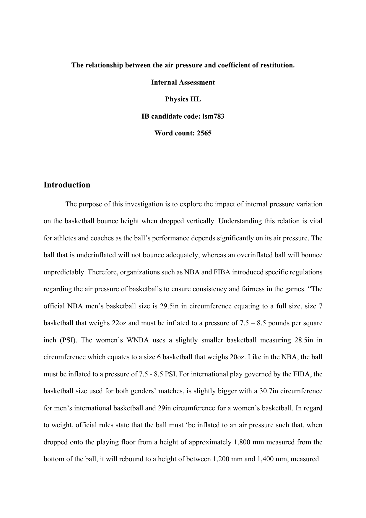 The relationship between the air pressure and coefficient of restitution. - Physics IA exemplar scored 7