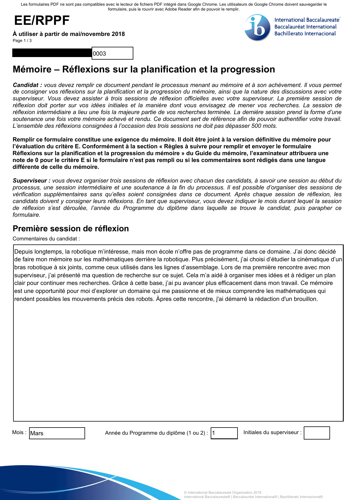 Comment détermine-t-on la position, l’orientation et le mouvement de l’élément final d’un bras articulé à 6 degrés de liberté en connaissant les angles articulaires des différentes composantes du bras? (How do we determine the position, orientation and movement of the final element of a 6-degree-of-freedom articulated arm knowing the joint angles of the different components of the arm?) - Mathematics Analysis and Approaches (AA) EE exemplar scored A