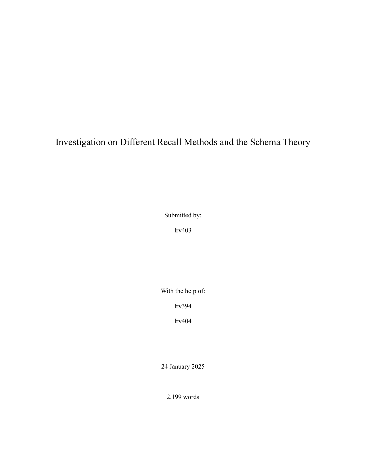 Investigation on Different Recall Methods and the Schema Theory - Psychology IA exemplar scored 6