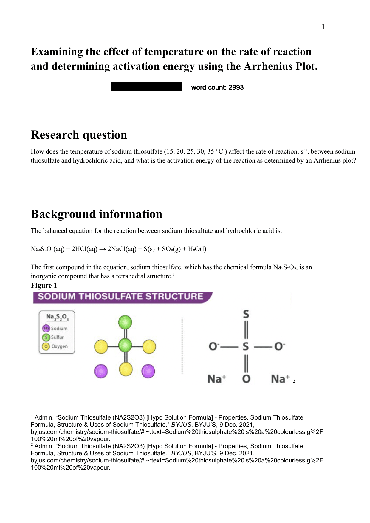 Examining the effect of temperature on the rate of reaction and determining activation energy using the Arrhenius Plot. - Chemistry IA exemplar scored 4