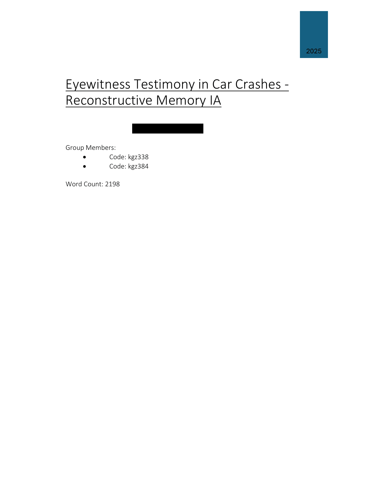 Eyewitness Testimony in Car Crashes - Reconstructive Memory IA - Psychology IA exemplar scored 7