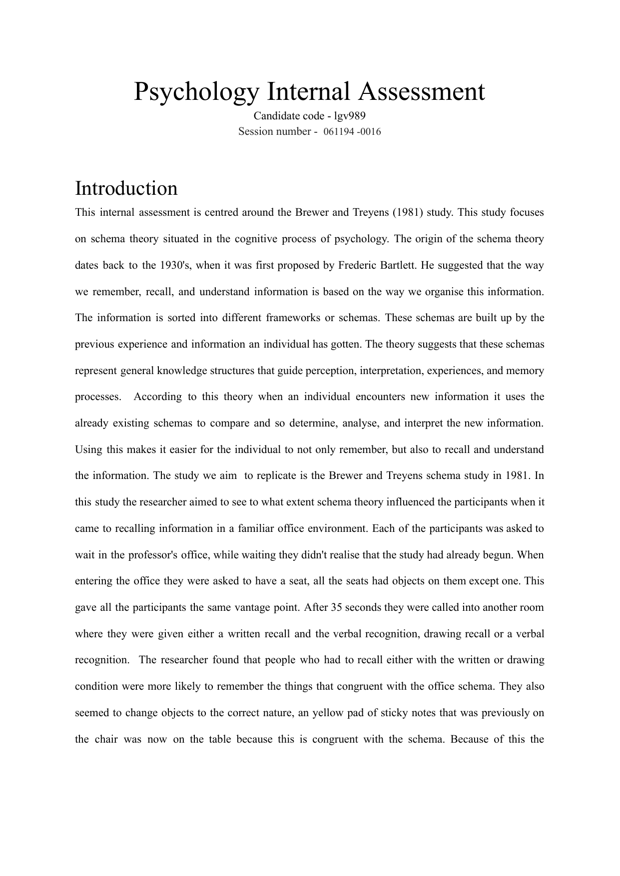 Psychology Internal Assessment - Psychology IA exemplar scored 4