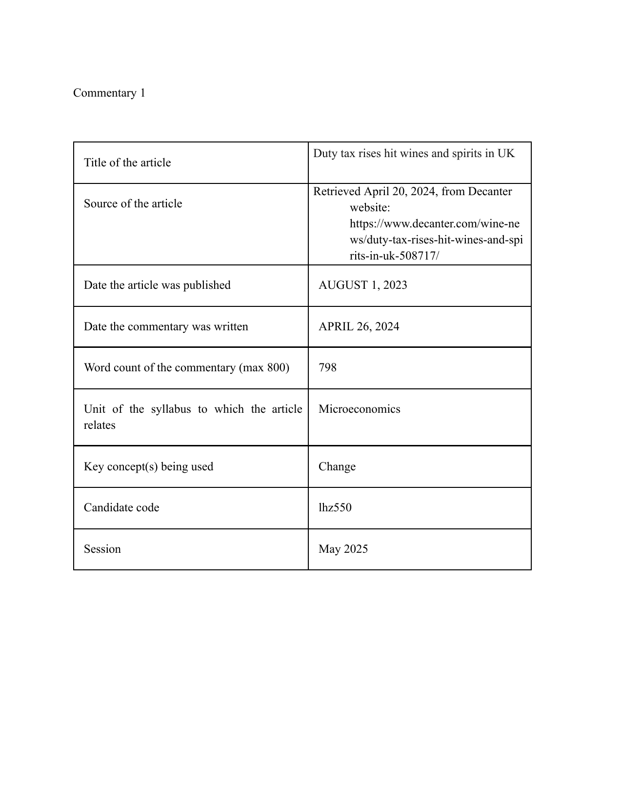 Duty tax rises hit wines and spirits in UK - Economics IA exemplar scored 6