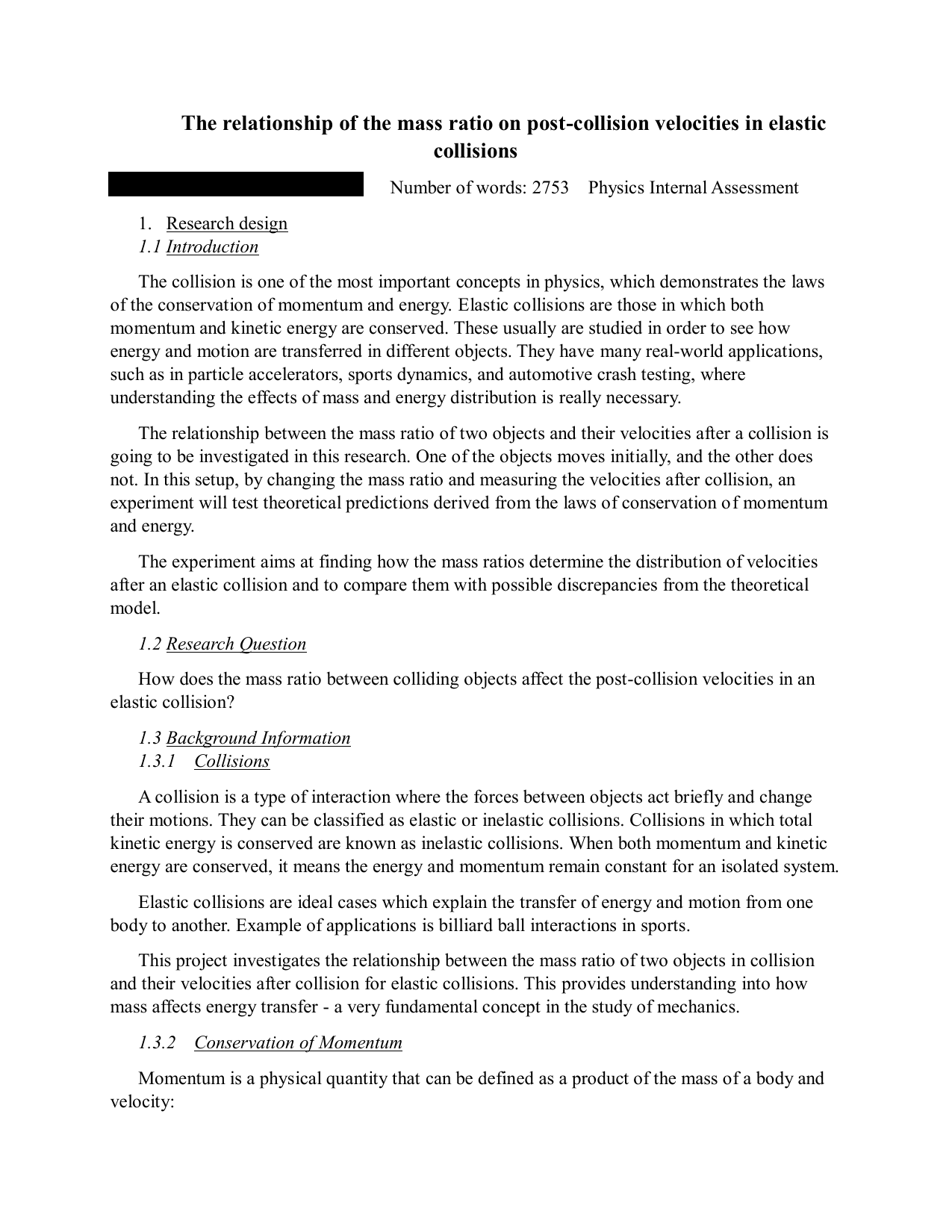 The relationship of the mass ratio on post-collision velocities in elastic collisions - Physics IA exemplar scored 5