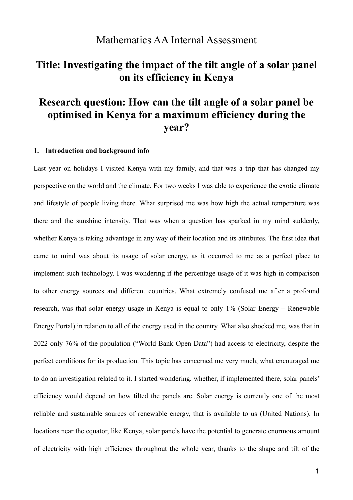 How can the tilt angle of a solar panel be
optimised in Kenya for a maximum efficiency during the
year? - Mathematics Analysis and Approaches (AA) IA exemplar scored 5