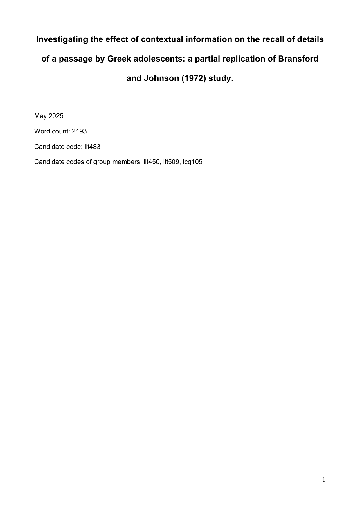 Investigating the effect of contextual information on the recall of details of a passage by Greek adolescents: a partial replication of Bransford and Johnson (1972) study. - Psychology IA exemplar scored 7