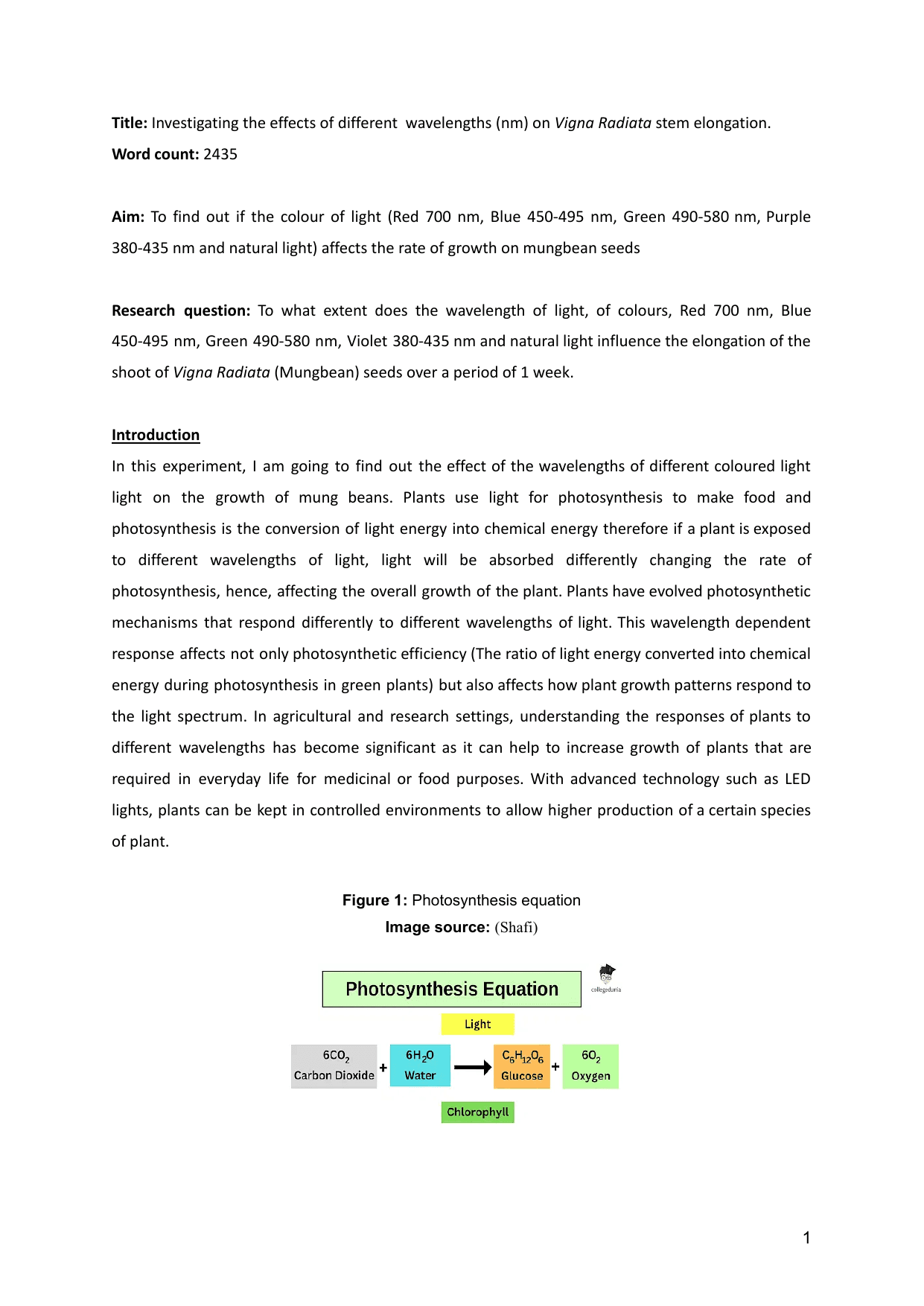 Investigating the effects of different  wavelengths (nm) on Vigna Radiata stem elongation. - Biology IA exemplar scored 4