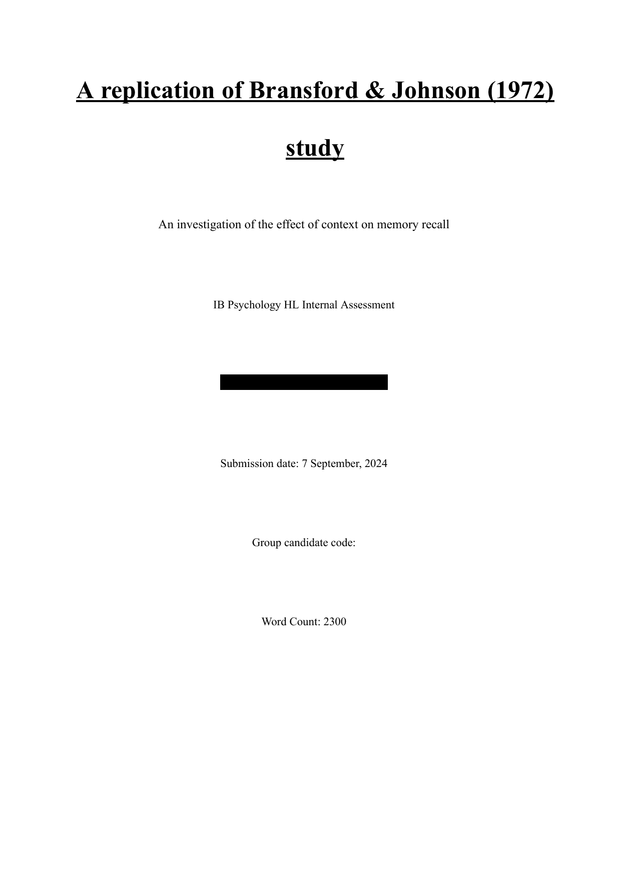 An investigation of the effect of context on memory recall - Psychology IA exemplar scored 7