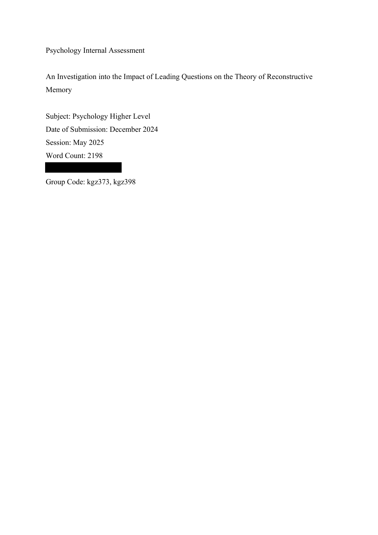 An Investigation into the Impact of Leading Questions on the Theory of Reconstructive - Psychology IA exemplar scored 7