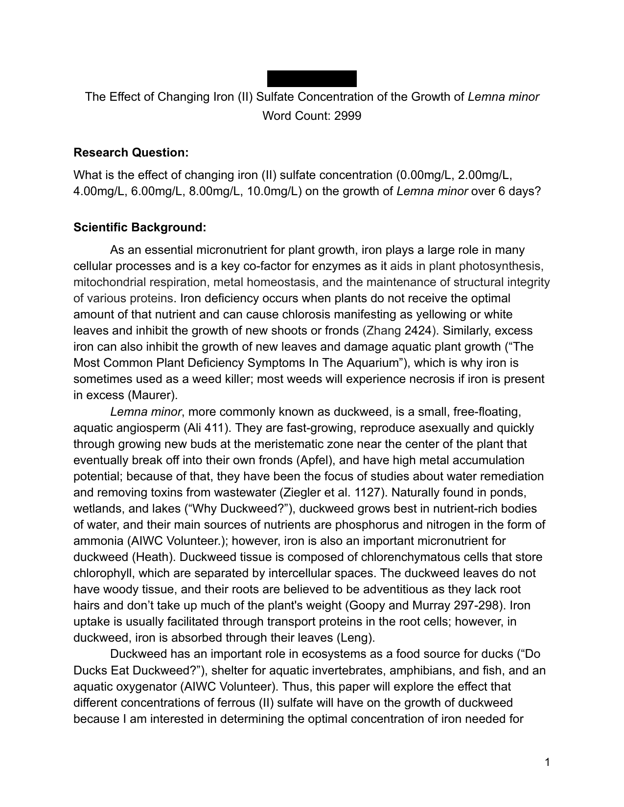 What is the effect of changing iron (II) sulfate concentration (0.00mg/L, 2.00mg/L, 4.00mg/L, 6.00mg/L, 8.00mg/L, 10.0mg/L) on the growth of Lemna minor over 6 days? - Biology IA exemplar scored 5