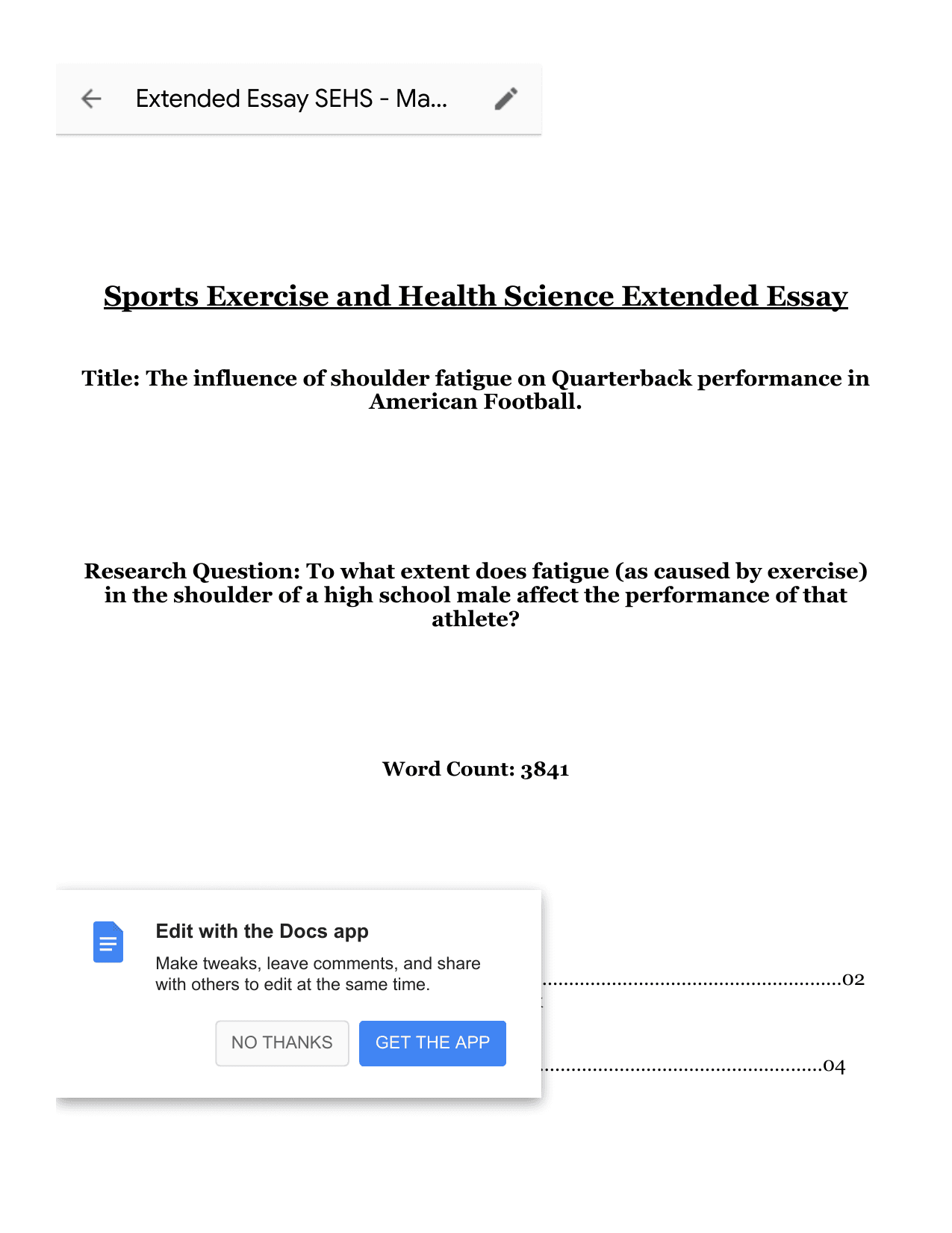 To what extent does fatigue (as caused by exercise) in the shoulder of a high school male affect the performance of that athlete? - Sports, exercise and health science (SEHS - Old) EE exemplar scored A