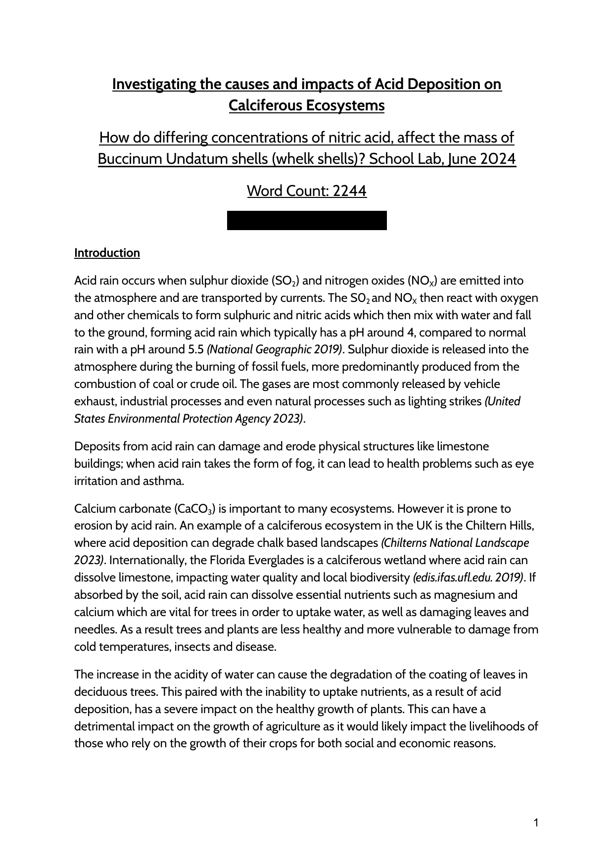 How do differing concentrations of nitric acid, affect the mass of Buccinum Undatum shells (whelk shells)? School Lab, June 2024 - Environmental systems and societies (ESS - Old) IA exemplar scored 5