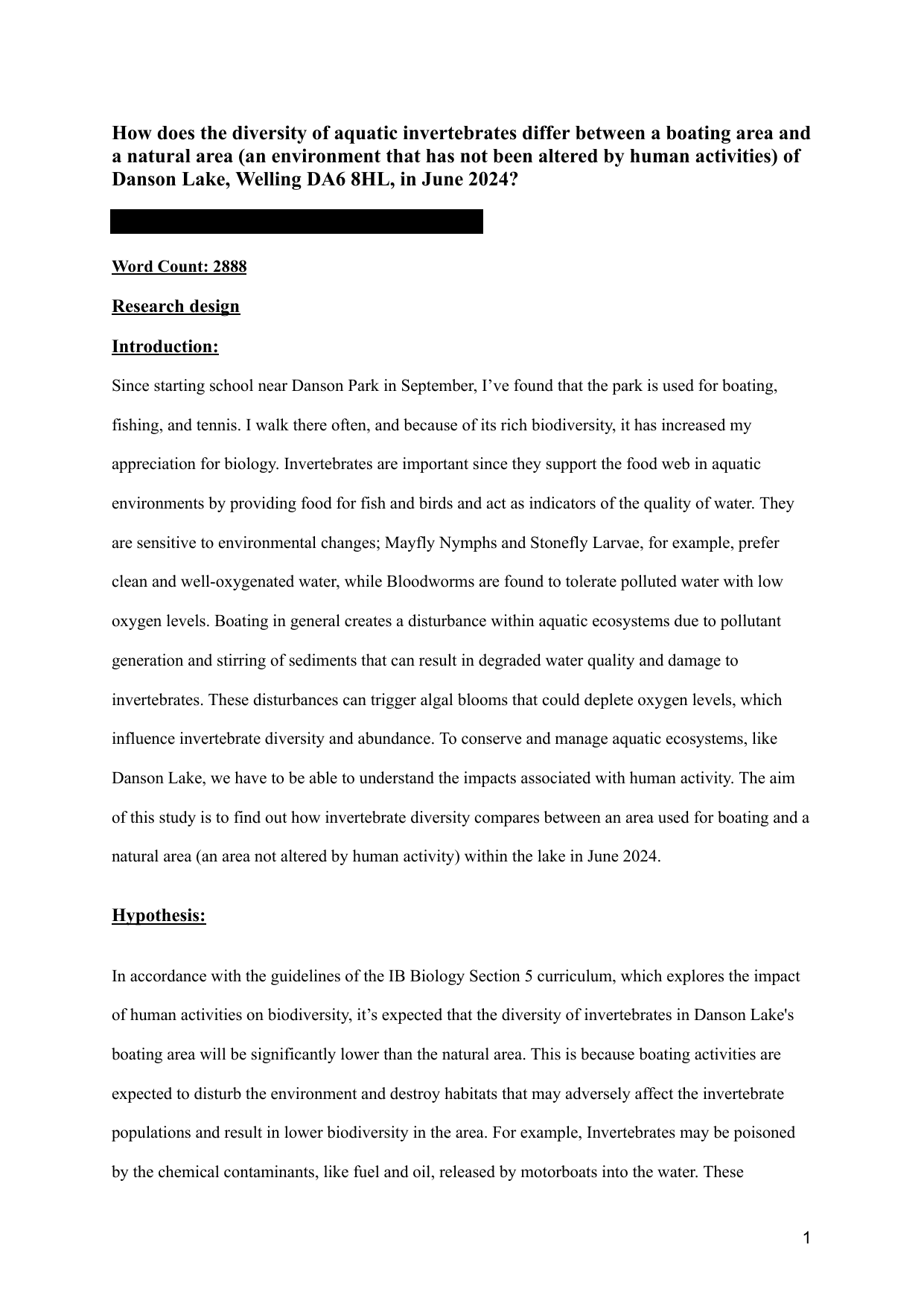 How does the diversity of aquatic invertebrates differ between a boating area and a natural area (an environment that has not been altered by human activities) of Danson Lake, Welling DA6 8HL, in June 2024? - Biology IA exemplar scored 5