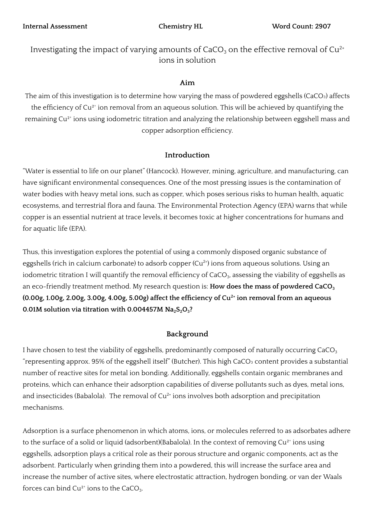 Investigating the impact of varying amounts of CaCO3 on the effective removal of Cu2+ ions in solution - Chemistry IA exemplar scored 7