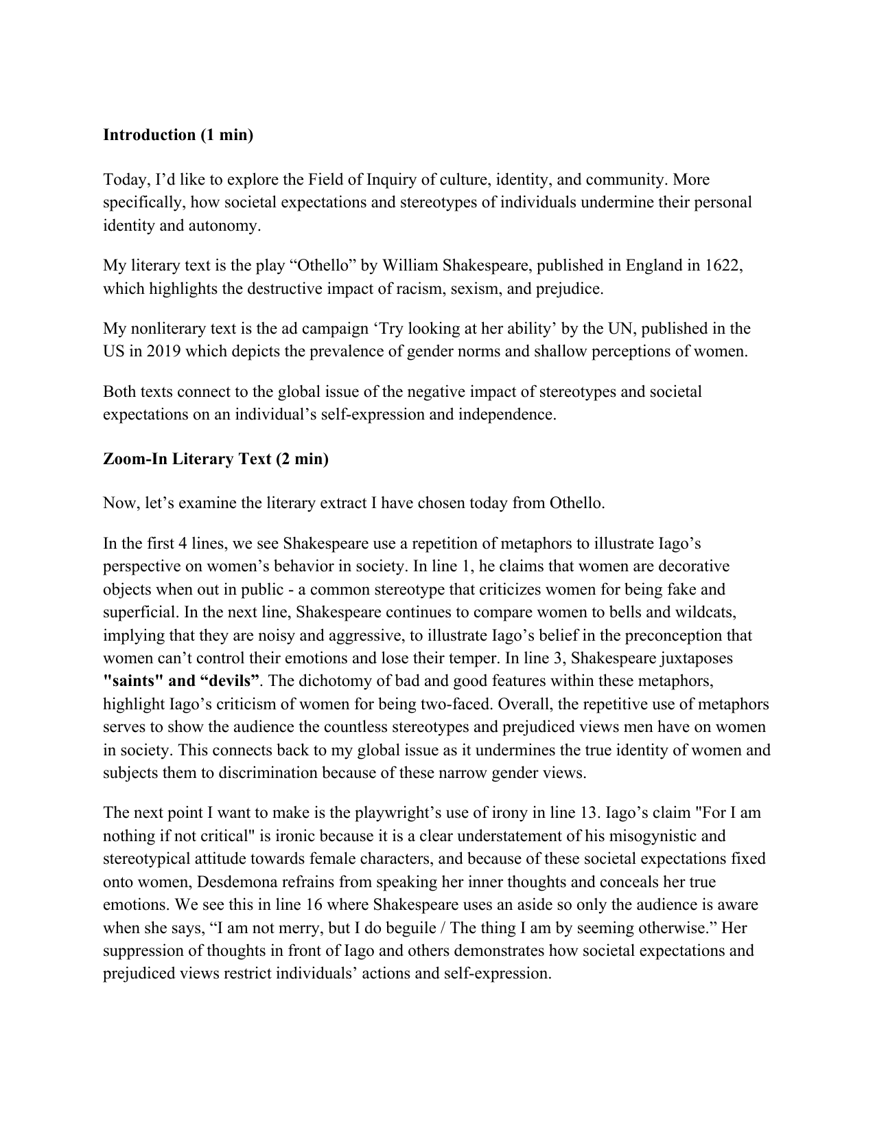 How societal expectations and stereotypes of individuals undermine their personal identity and autonomy - English A Lang & Lit IA exemplar scored 7