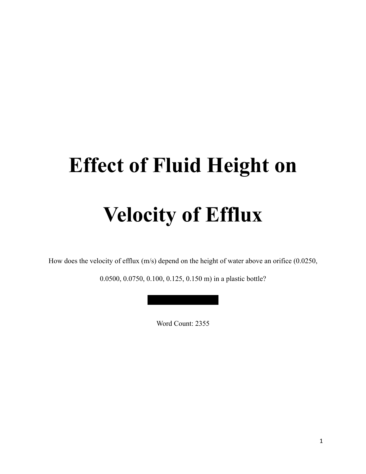 How does the velocity of efflux (m/s) depend on the height of water above an orifice (0.0250, 0.0500, 0.0750, 0.100, 0.125, 0.150 m) in a plastic bottle? - Physics IA exemplar scored 6